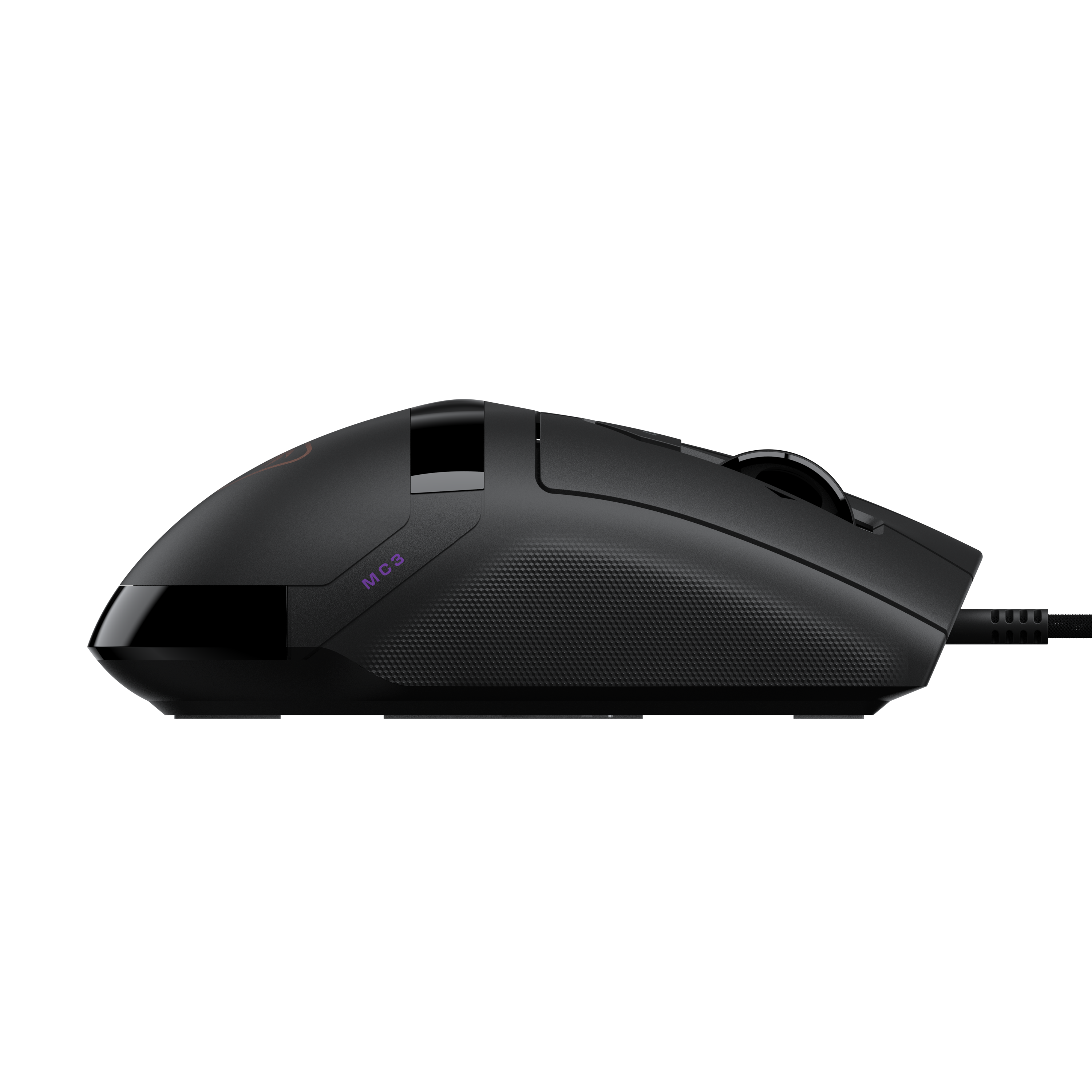 Schwarze kabelgebundene Gaming-Maus mit ergonomischem Design und Textur auf schwarzem Hintergrund.