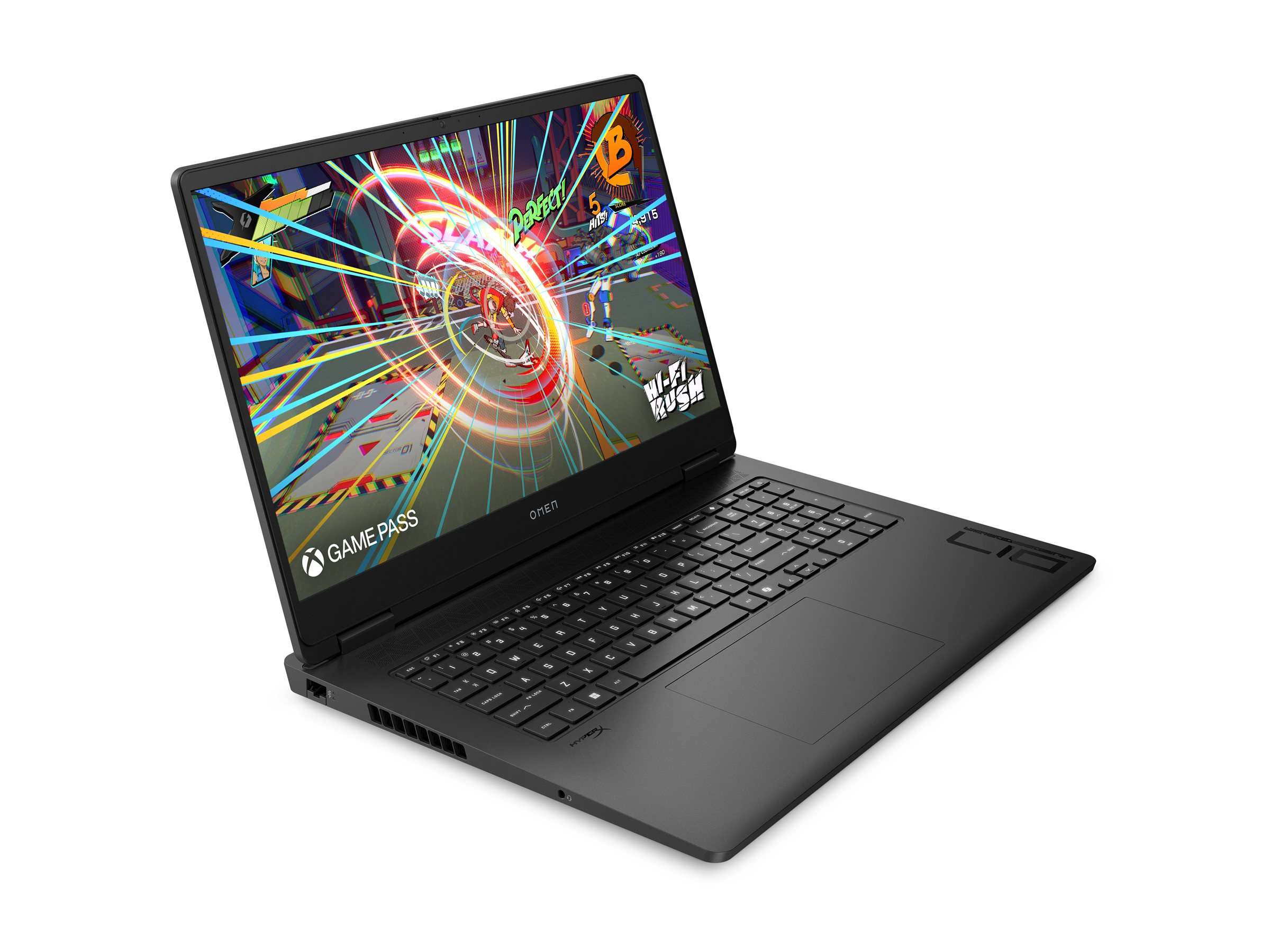 Ein schwarzer Laptop auf weißem Hintergrund zeigt ein buntes Action-Videospiel auf dem Bildschirm.