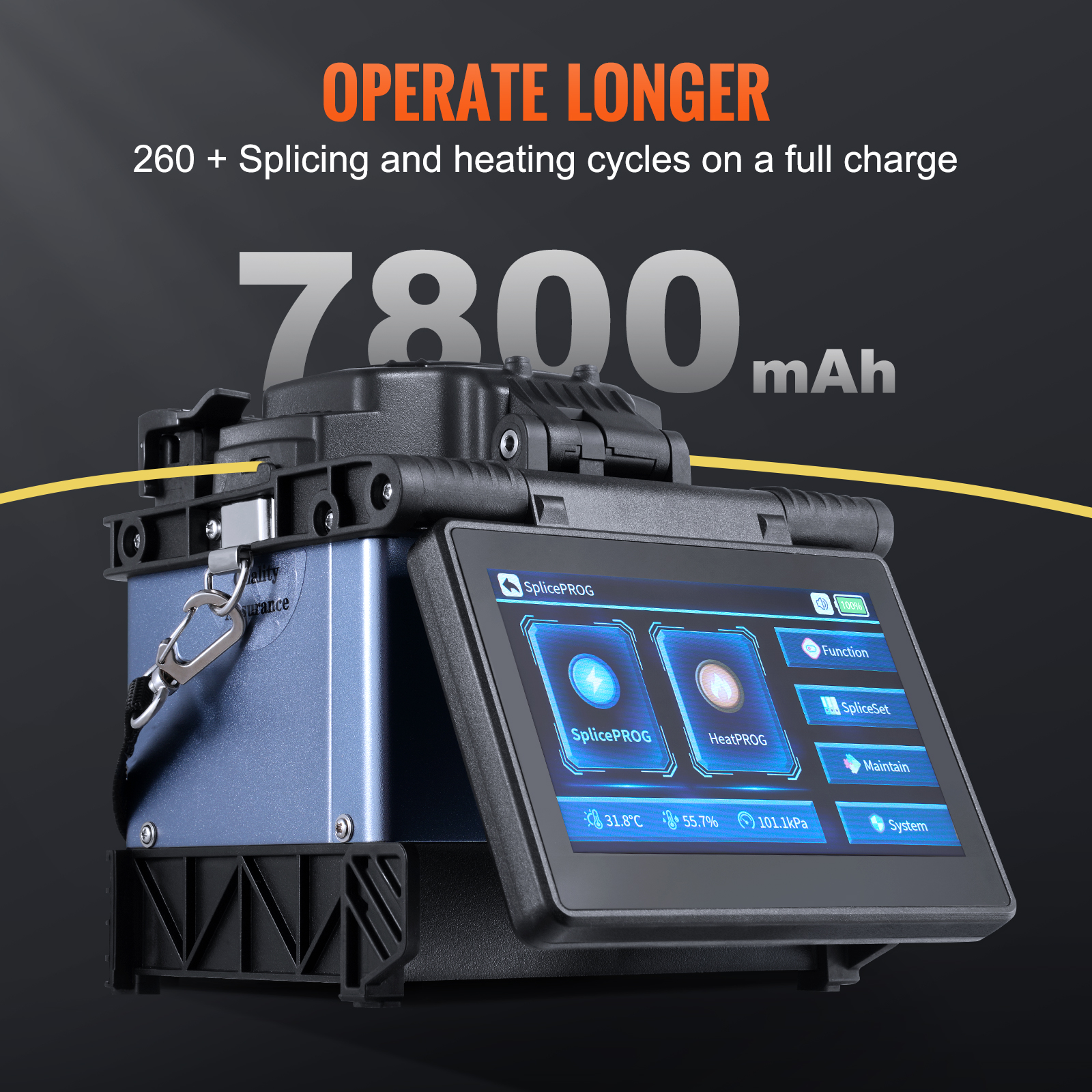 Empaladora de fibra óptica azul con pantalla táctil y texto sobre batería de 7800 mAh.
