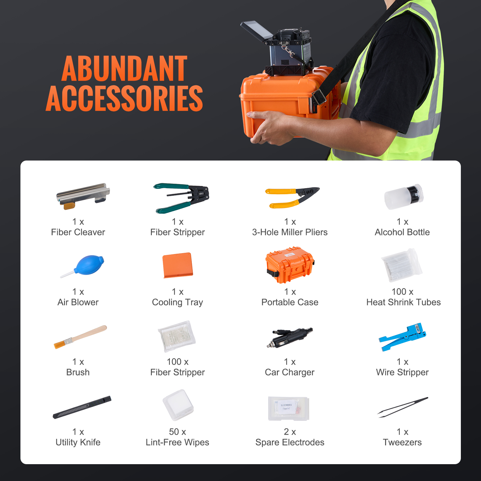 Una persona sostiene una caja naranja con accesorios de fibra óptica como pelacables y kits.