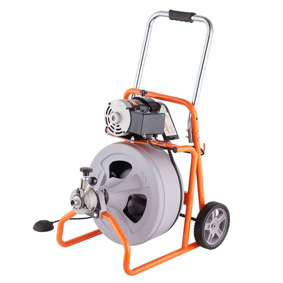 Una máquina limpiatuberías naranja y gris en un carro metálico con ruedas y asa.