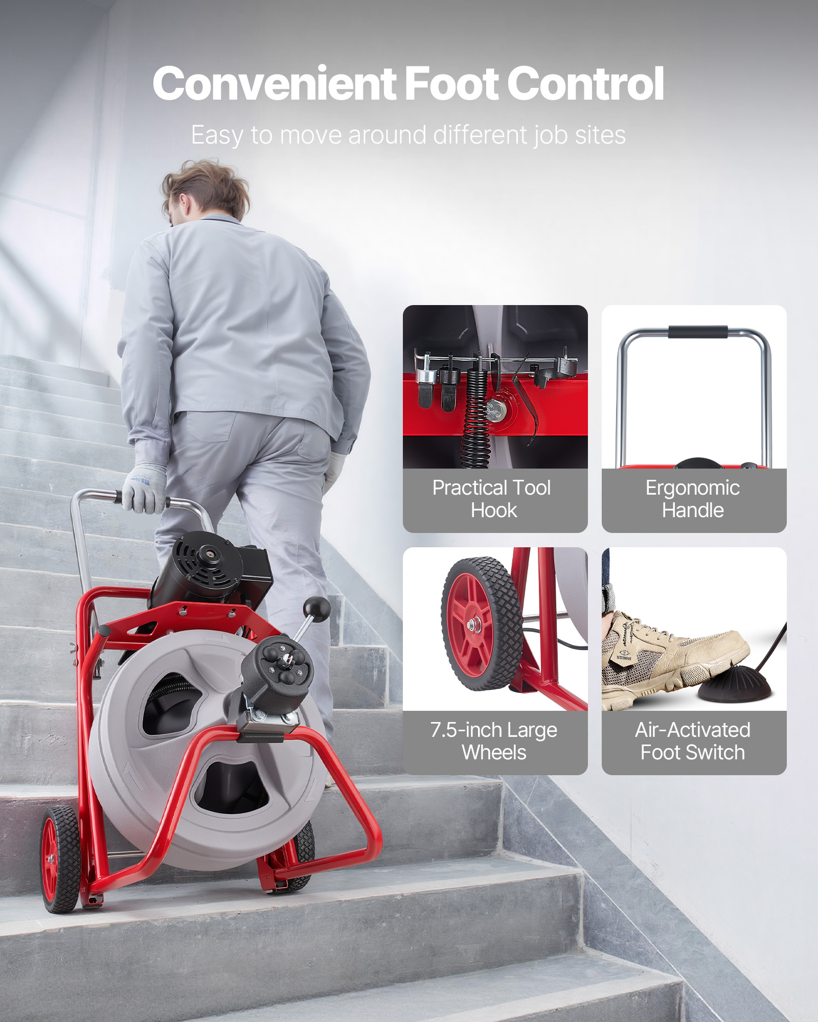 Un trabajador sube un tambor de cable rojo con ruedas por las escaleras, con detalles de sus partes.