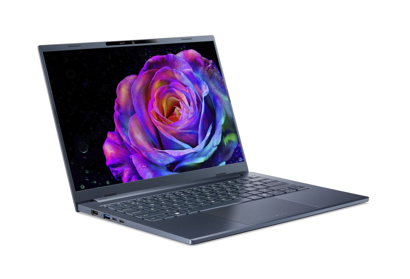 Ein grauer Laptop auf weißem Hintergrund zeigt auf dem Bildschirm eine bunte Rose.