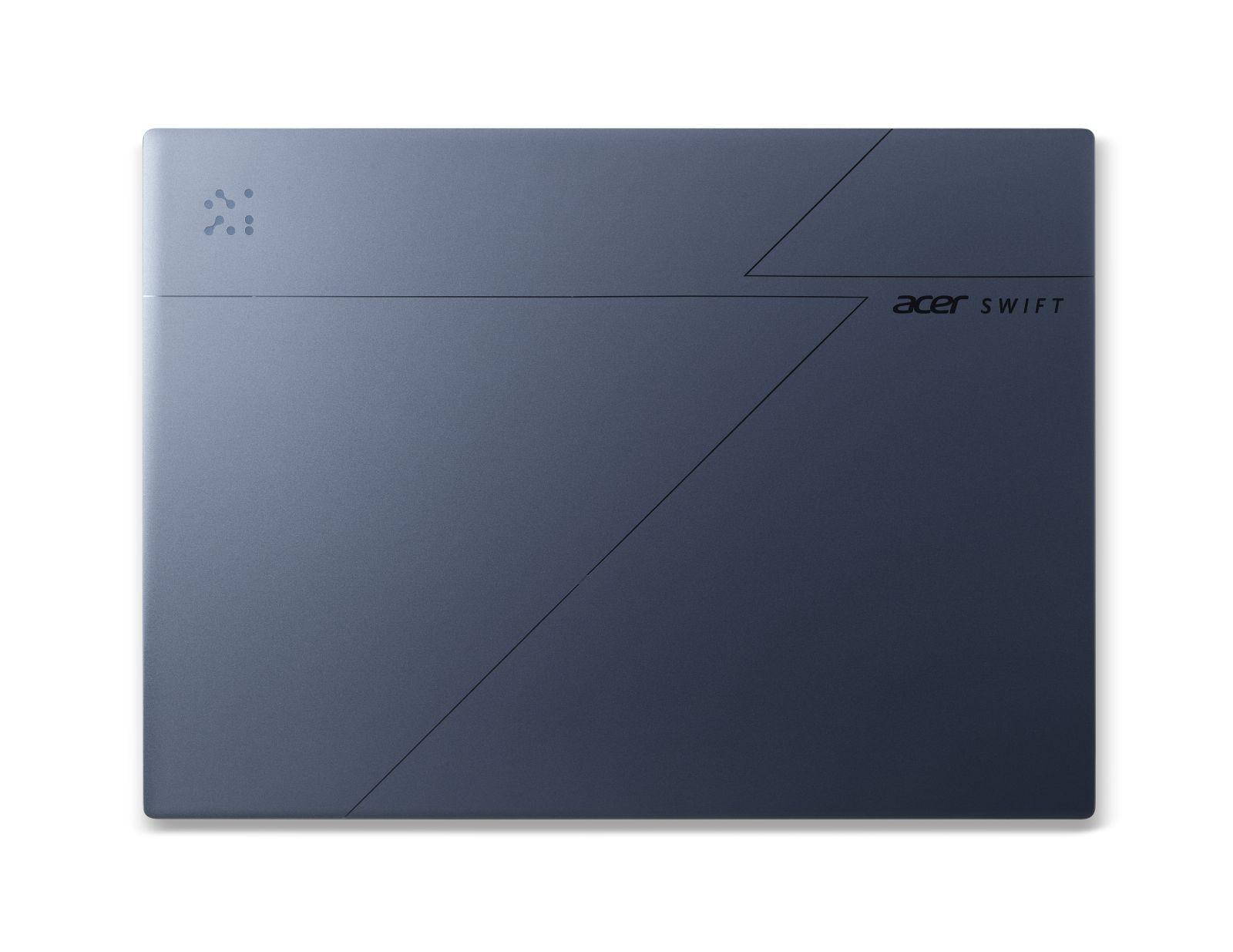 Geschlossener dunkelblauer Acer Swift Laptop von oben mit geometrischen Linien und Logo.
