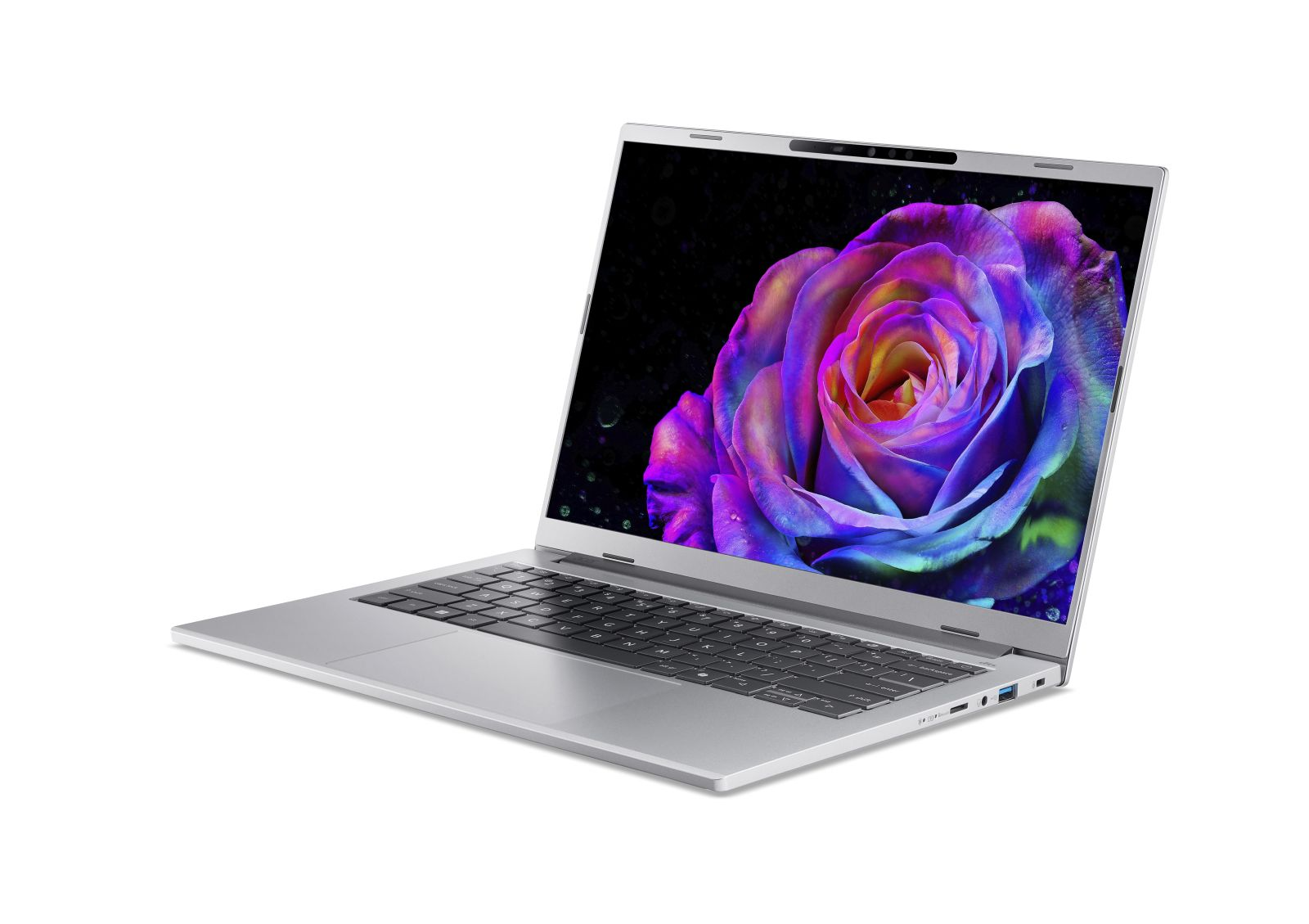 Ein silberner Laptop mit schwarzer Tastatur und einem bunten Rosenbild auf dem Bildschirm, auf weißem Hintergrund.