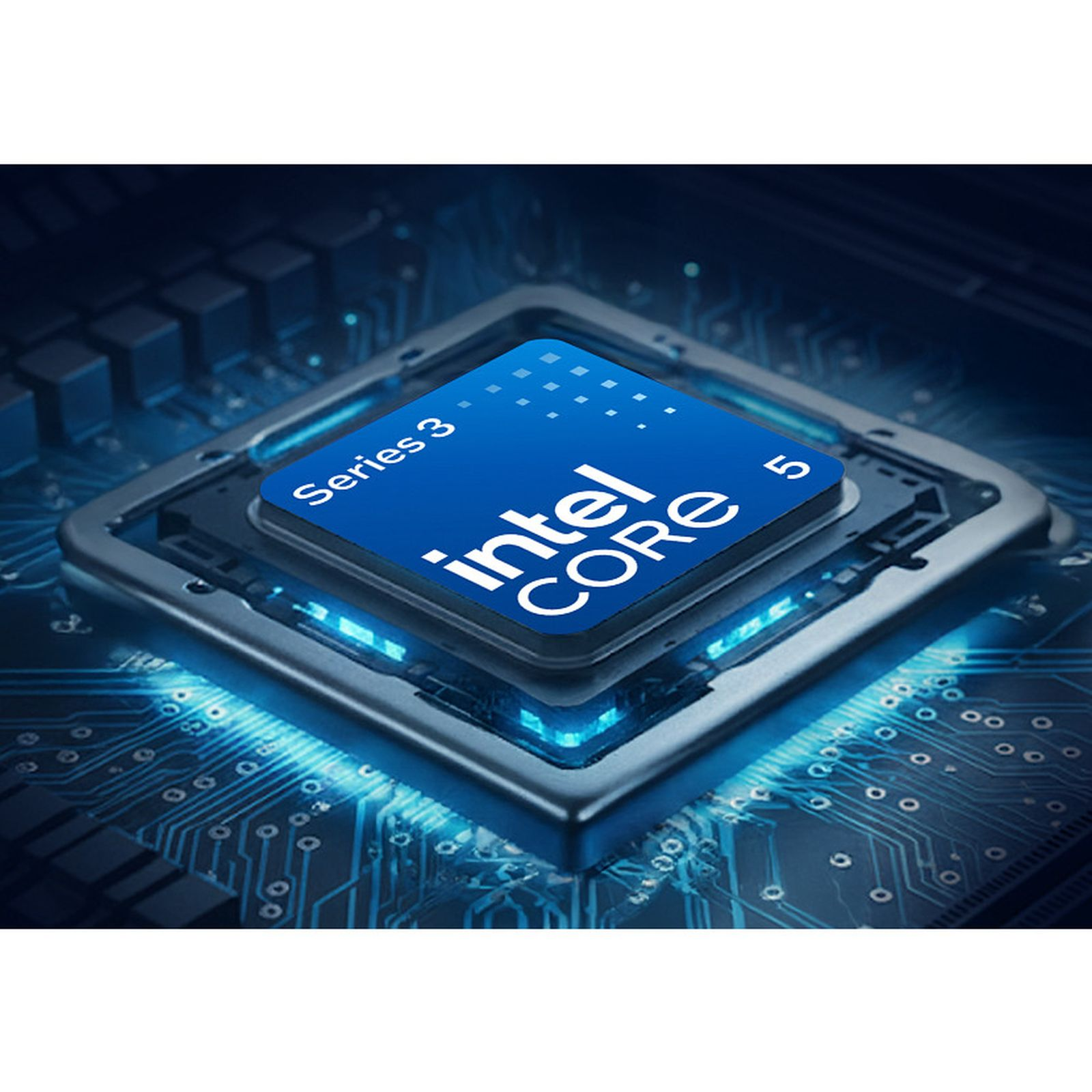 Ein blauer Intel Core 5 Series 3 Prozessor sitzt auf einer leuchtenden blauen Computerplatinen-Hintergrund.