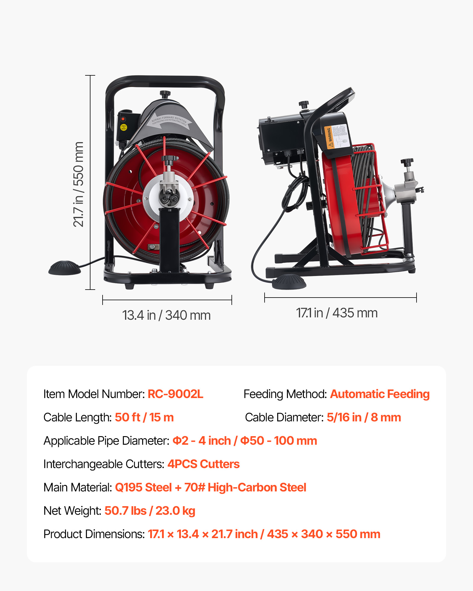 Dibujo técnico de una máquina limpiatuberías roja y negra con dimensiones y especificaciones.
