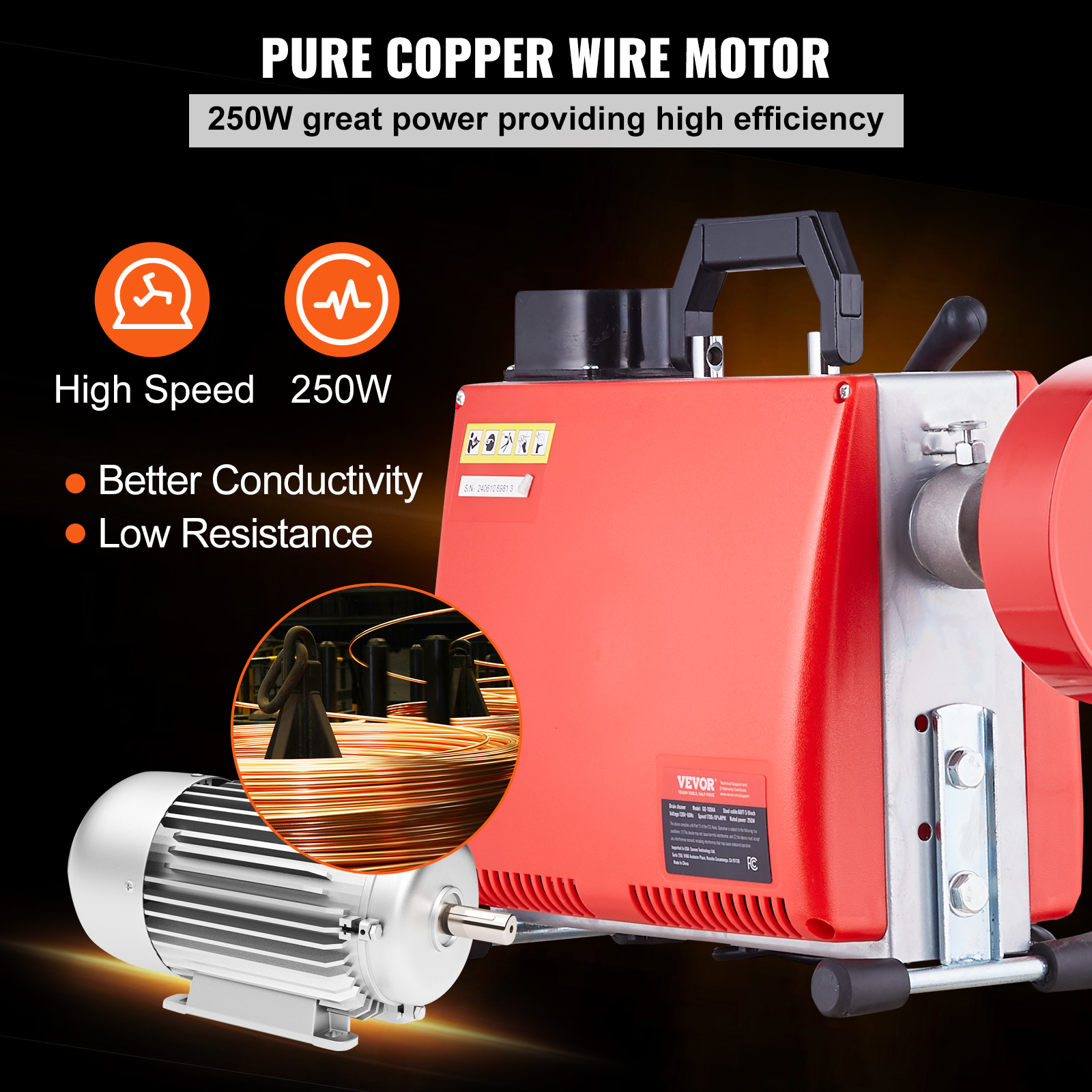 Máquina roja con motor de alambre de cobre para alta eficiencia.