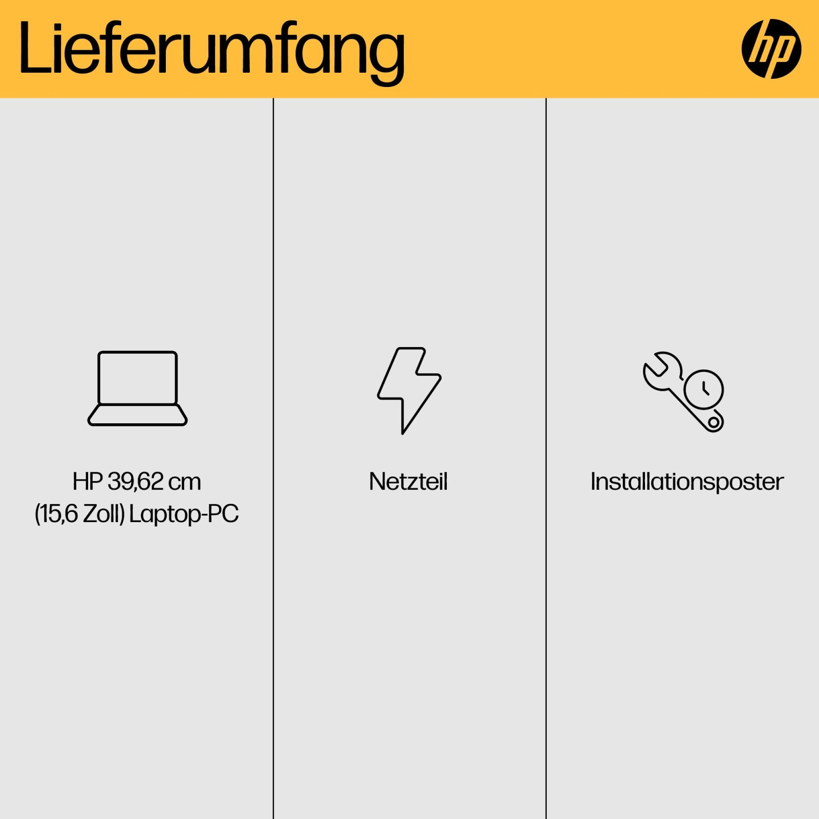 Lieferumfang: HP 39,62 cm Laptop, Netzteil und Installationsposter.