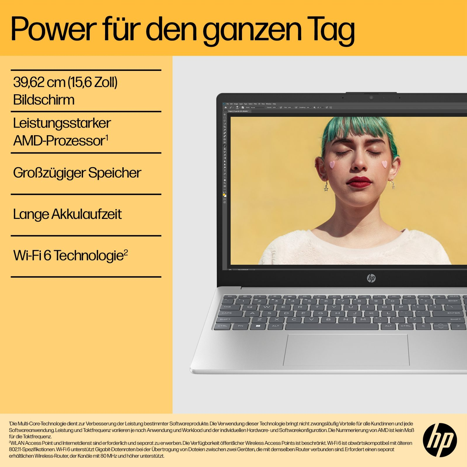 Ein silberner HP Laptop zeigt auf dem Bildschirm das Porträt einer Frau mit grünem Haar vor gelbem Hintergrund.