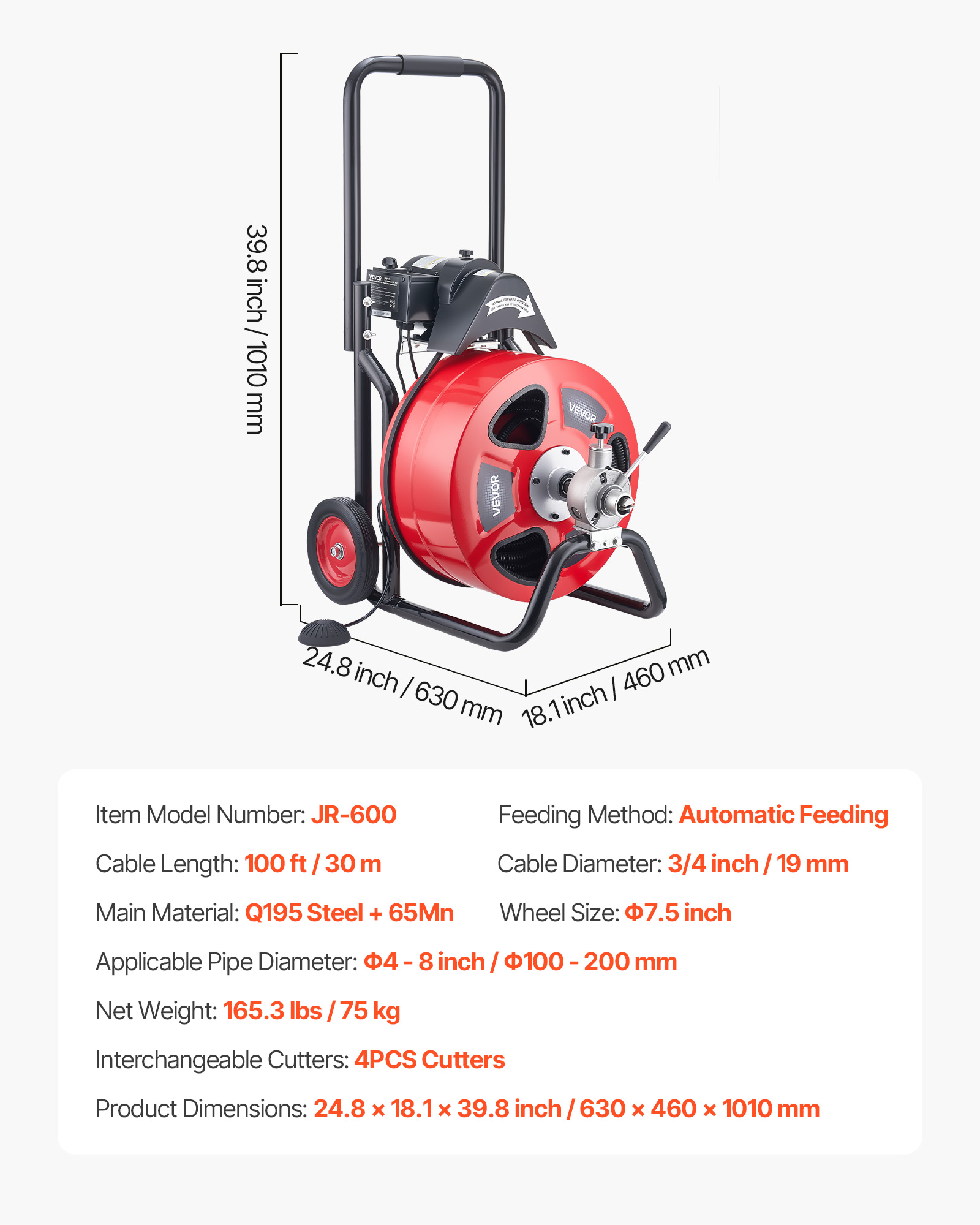 Desatascador eléctrico rojo y negro con ruedas, asa y especificaciones técnicas abajo.