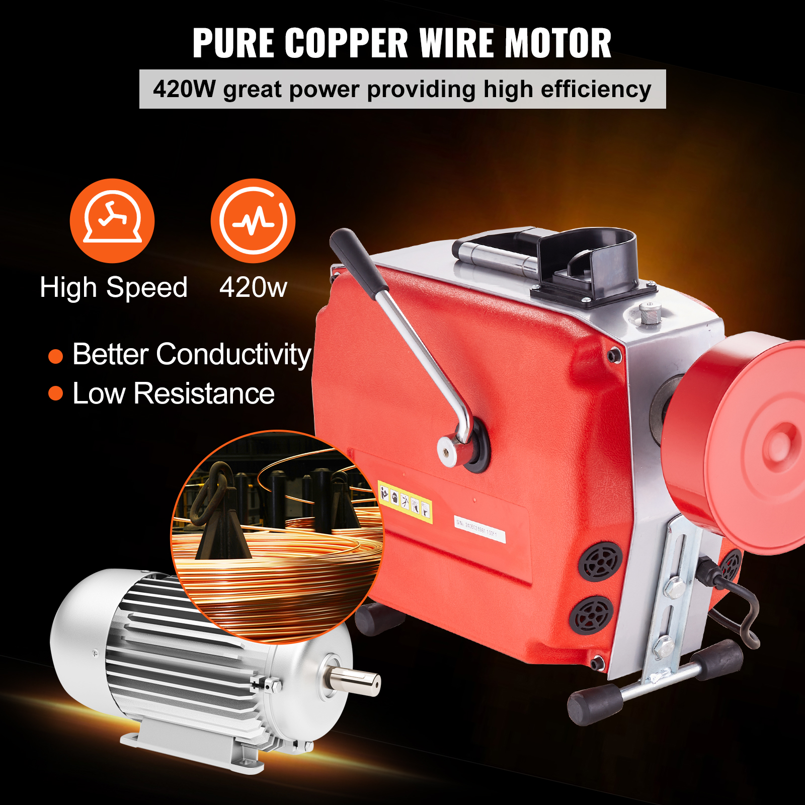 Máquina pelacables roja con motor de cobre puro, 420W de potencia y alta eficiencia.