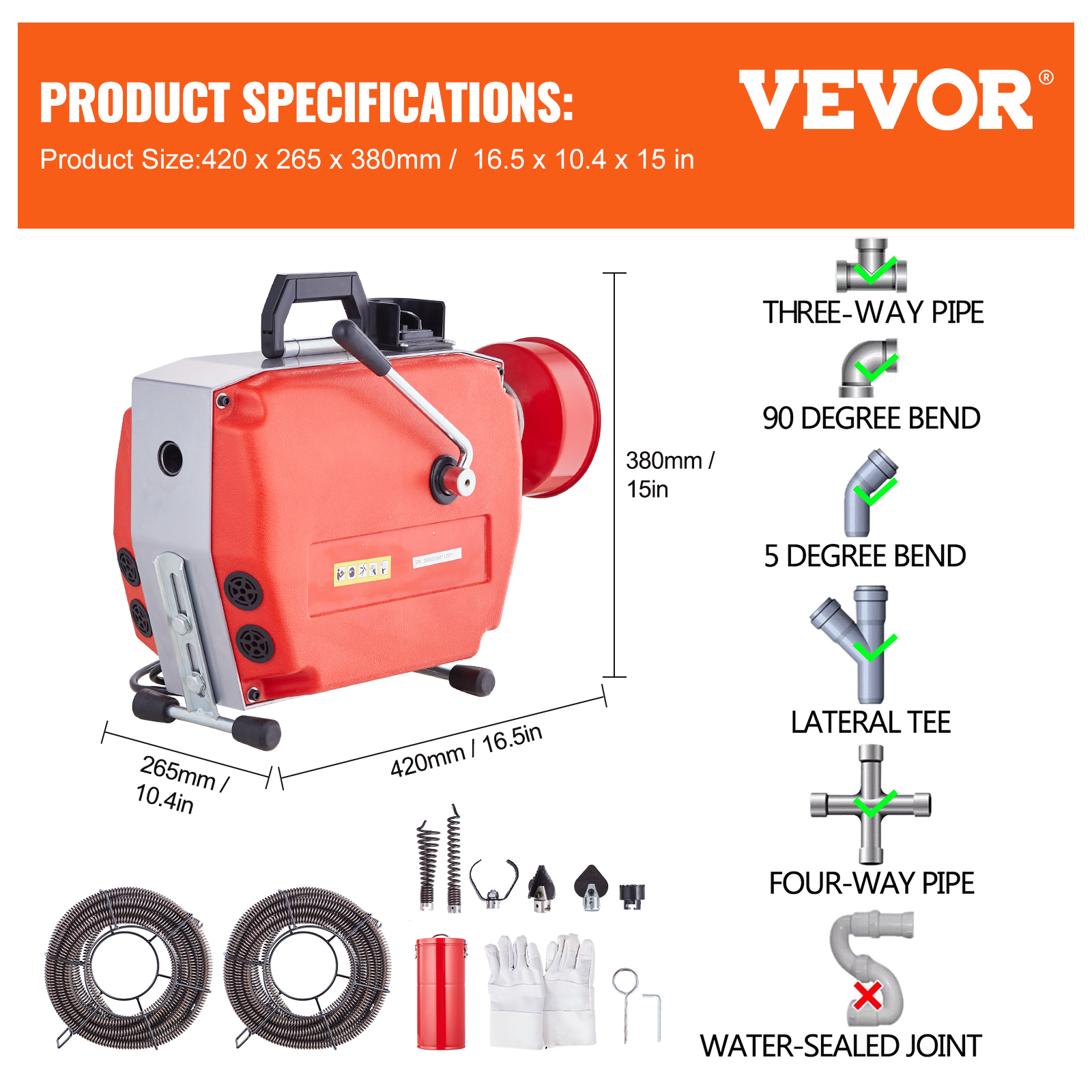 Especificaciones del producto VEVOR para una máquina limpia tubos roja y plateada con dimensiones, espirales, guantes y tuberías.