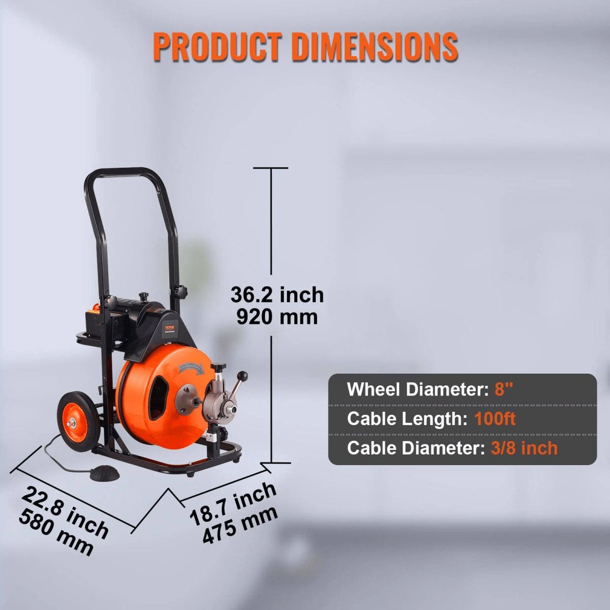 Dimensiones del producto de una máquina limpiatuberías naranja y negra con medidas de altura, ancho y cable.
