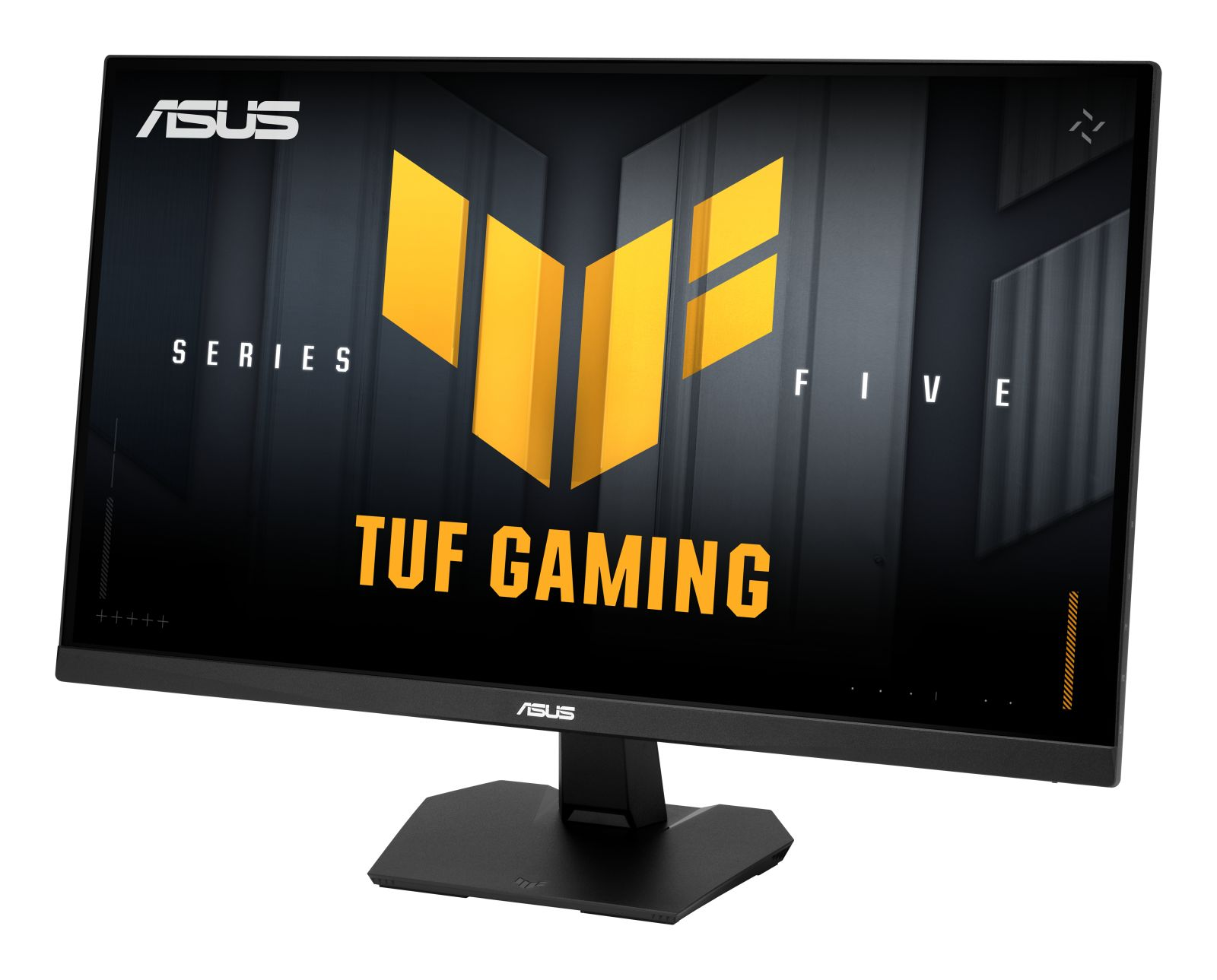 ASUS TUF Gaming Monitor mit gelbem TUF-Logo auf dunklem Hintergrund vor weißer Kulisse.