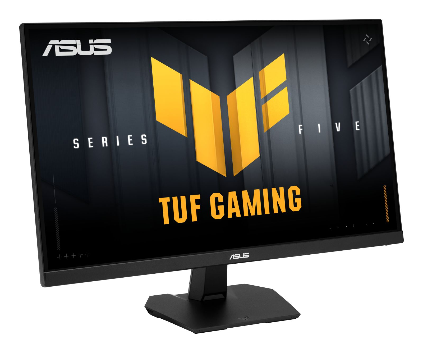 Ein ASUS TUF Gaming-Monitor mit schwarzem Rahmen und Standfuß zeigt ein gelbes Logo auf dem Bildschirm.