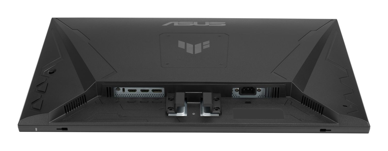 Rückseite eines schwarzen ASUS-Monitors mit Anschlüssen und VESA-Halterung.