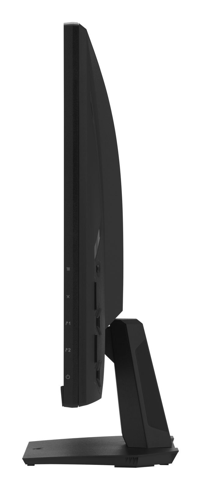 Seitenansicht eines schwarzen Monitors mit Standfuß auf weißem Hintergrund.