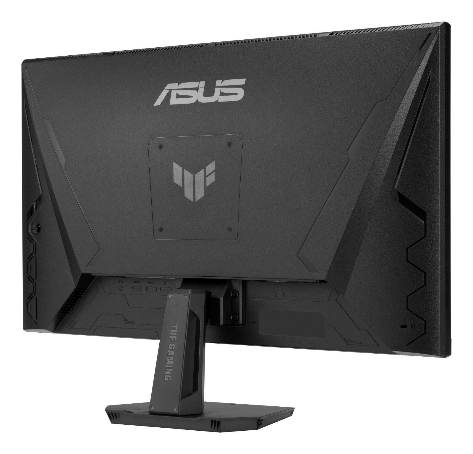 Rückansicht eines schwarzen ASUS TUF Gaming-Monitors mit Standfuß auf weißem Hintergrund.