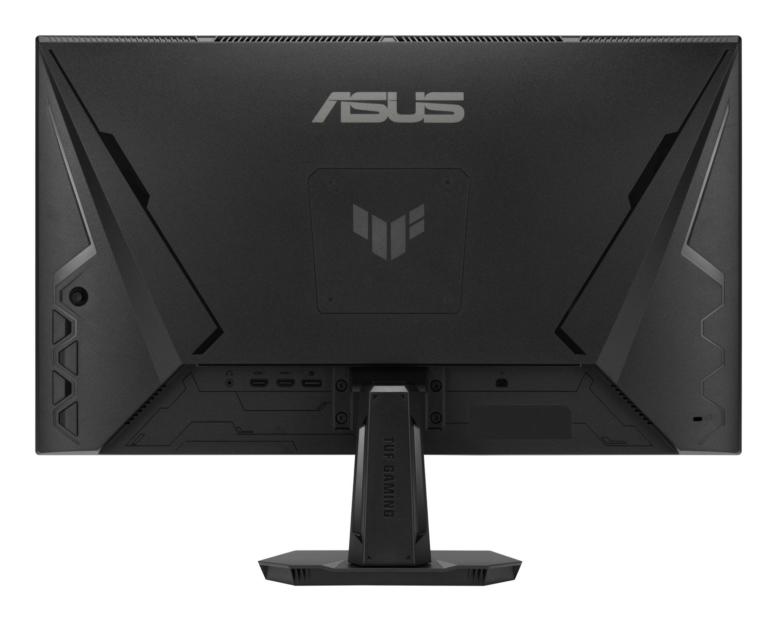 Die Rückseite eines schwarzen Asus TUF Gaming Monitors mit Standfuß und sichtbaren Anschlüssen.