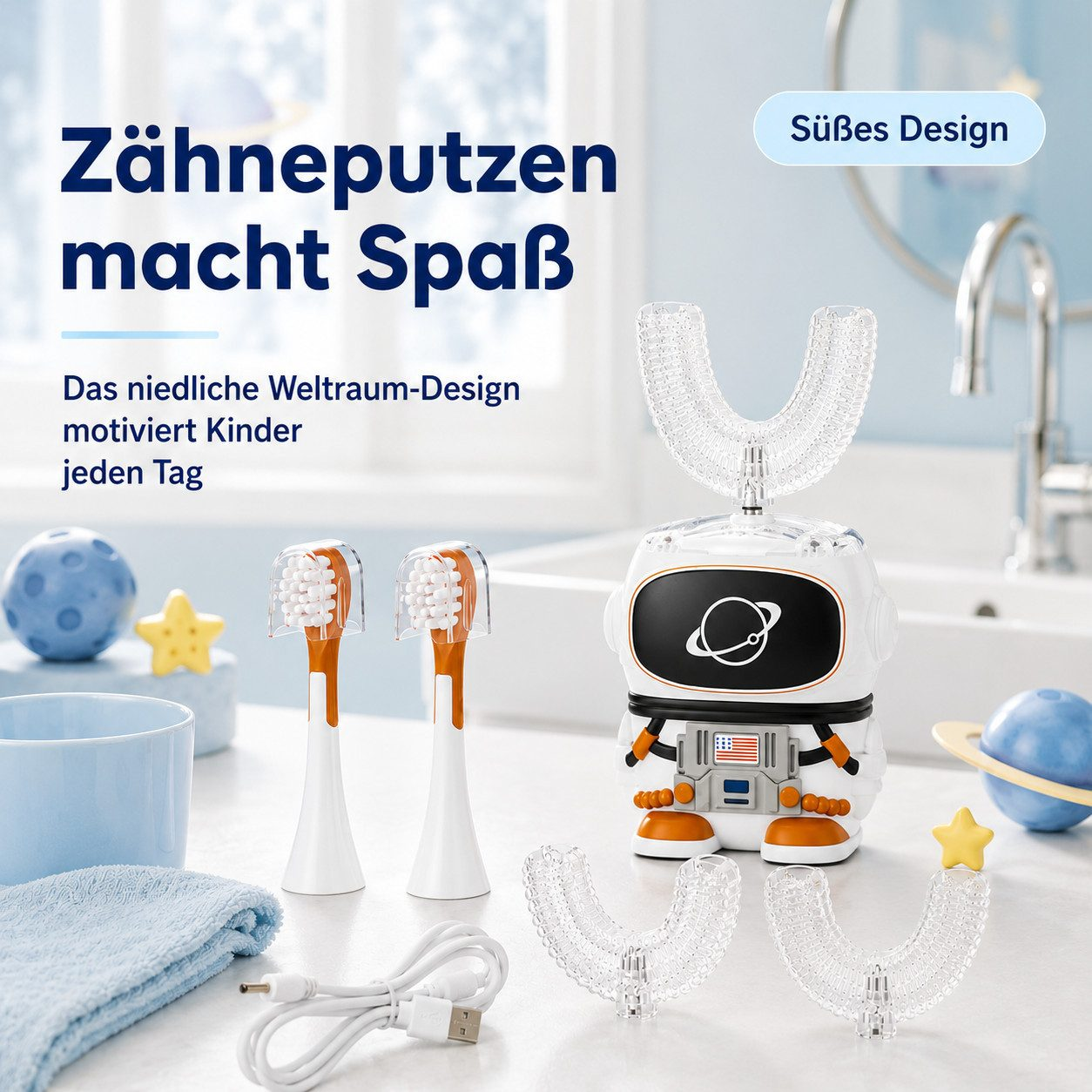 Astronauten-Kinderzahnbürste mit Zubehör auf einem Badezimmertisch und deutscher Werbetext.