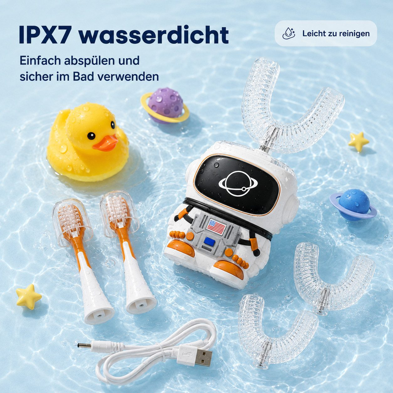 Eine astronautenförmige U-förmige elektrische Zahnbürste mit Wechselköpfen, Ladekabel und Wasserspielzeug im Wasser.
