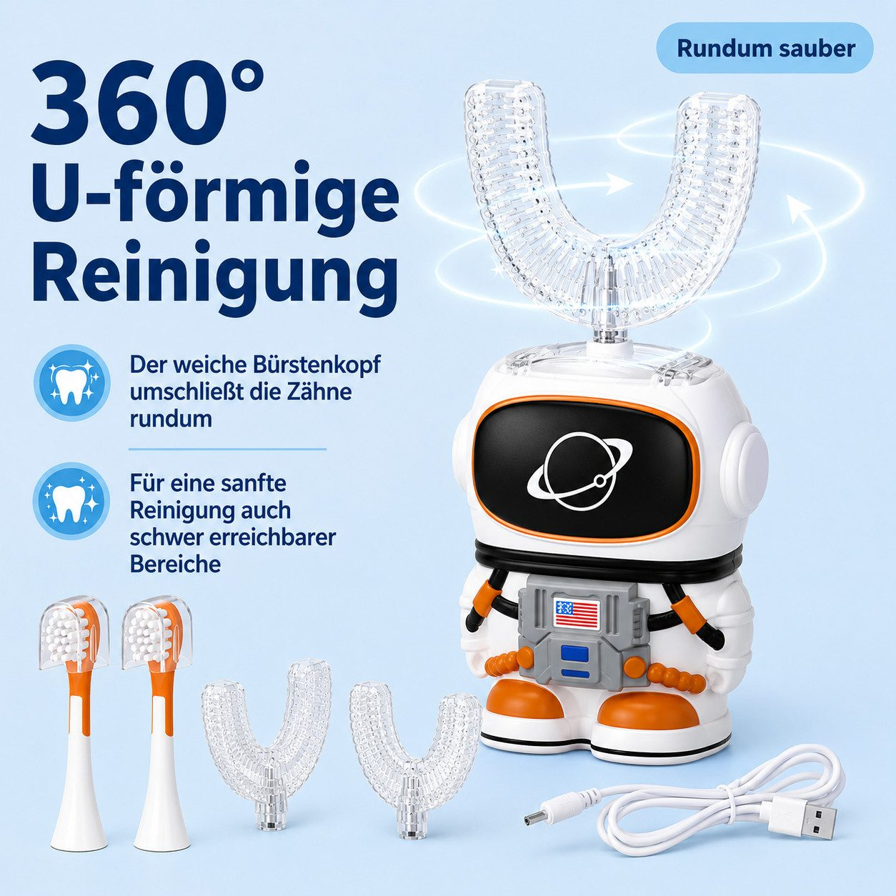 Ein astronautenförmiges elektrisches U-förmiges Zahnbürstenset mit Zubehör und Text auf blauem Hintergrund.