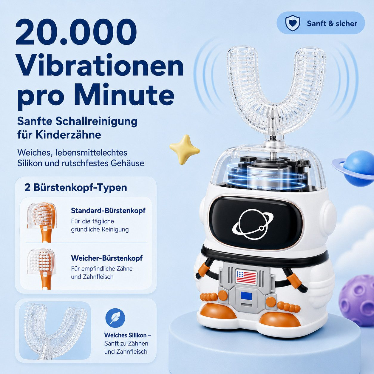 Ein weißer, astronauten-förmiger U-förmiger Kinderzahnbürstenhalter auf blauem Grund mit Text.