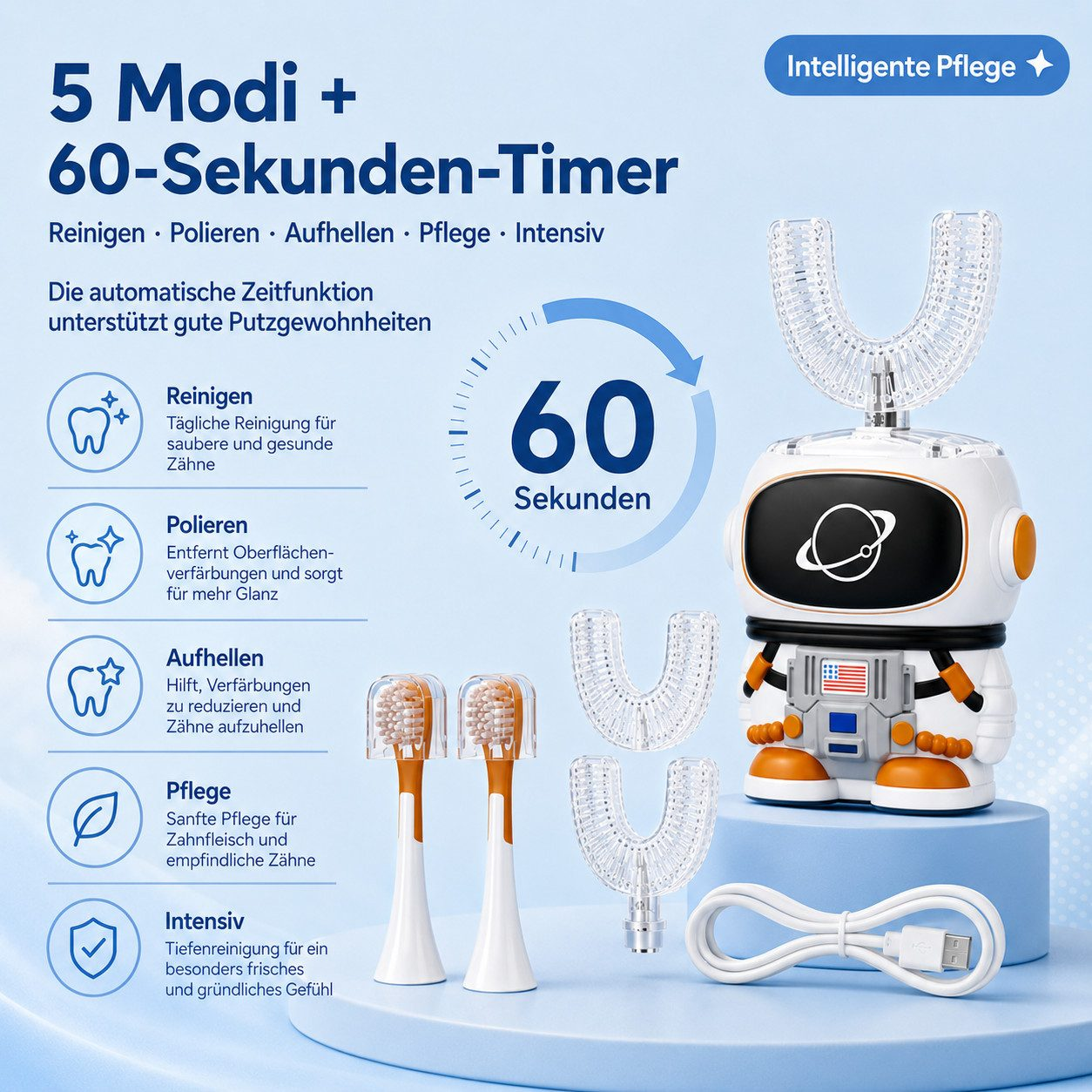 Astronauten-U-förmige elektrische Zahnbürste mit Zubehör und deutscher Produktbeschreibung.