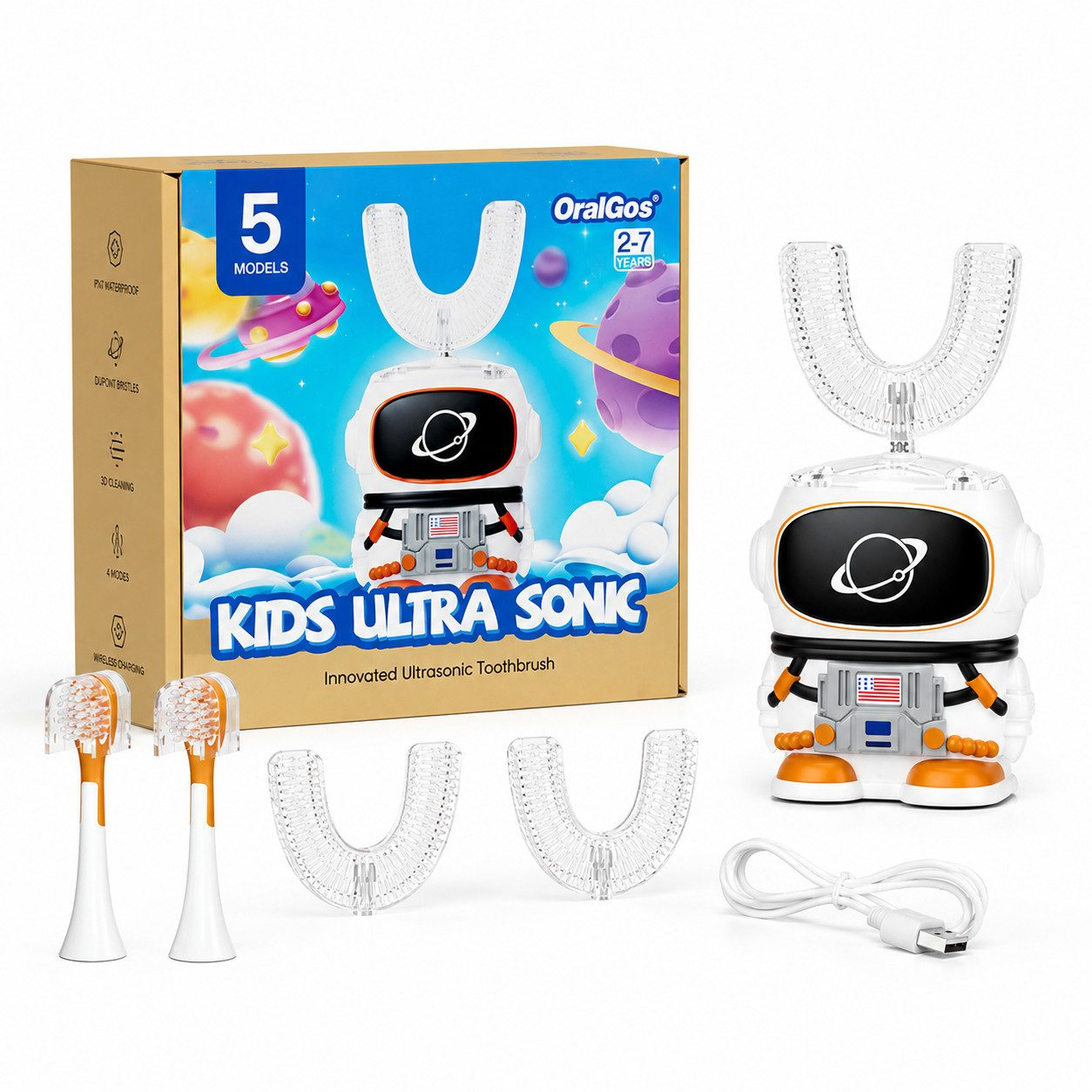 Astronauten-Kinderzahnbürste mit Box, U-förmigen Köpfen, normalen Bürstenköpfen und weißem Ladekabel.