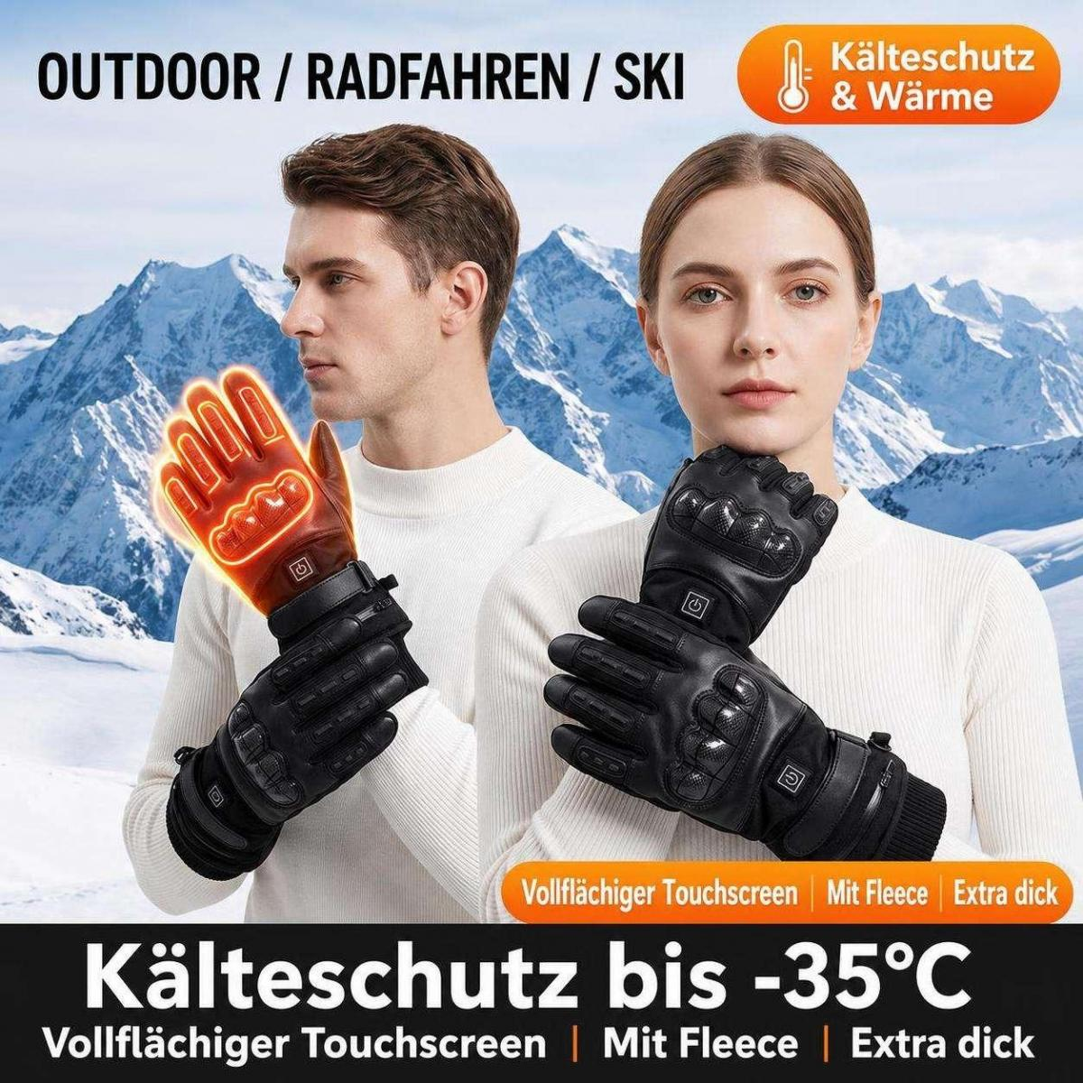 Ein Mann und eine Frau in weißem Pullover tragen schwarze beheizte Handschuhe vor einer verschneiten Bergkulisse.