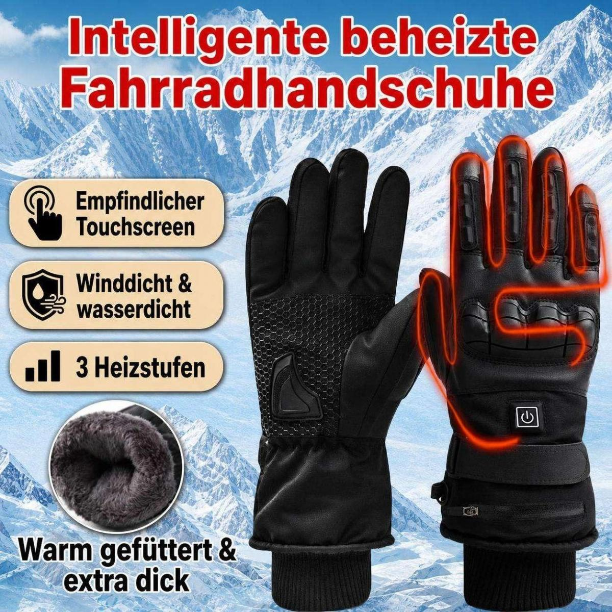 Intelligente beheizte Fahrradhandschuhe vor einer verschneiten Bergkulisse mit Icons für Funktionen.