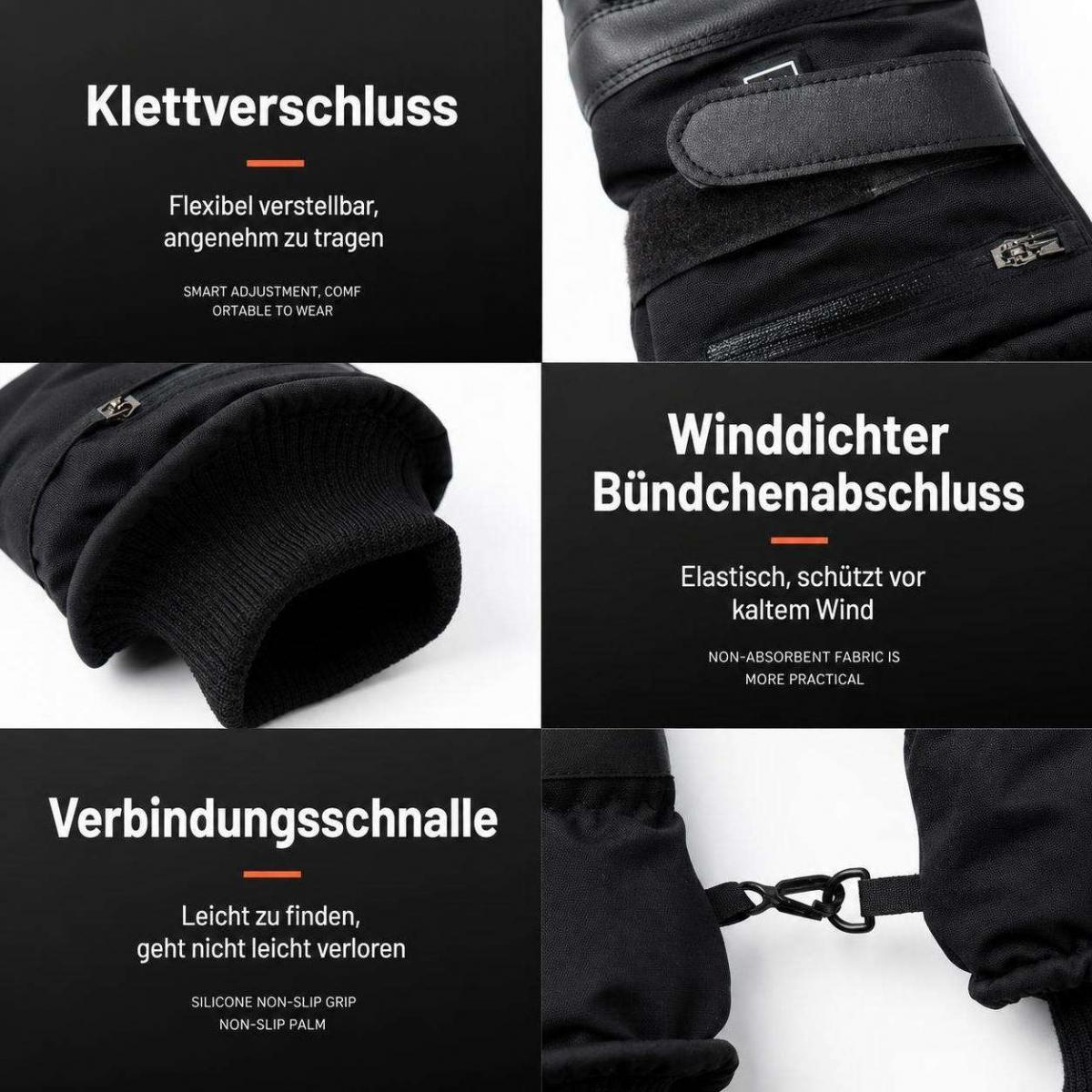Detaillierte Merkmale schwarzer Winterhandschuhe mit Klettverschluss, winddichten Bündchen und Schnalle.