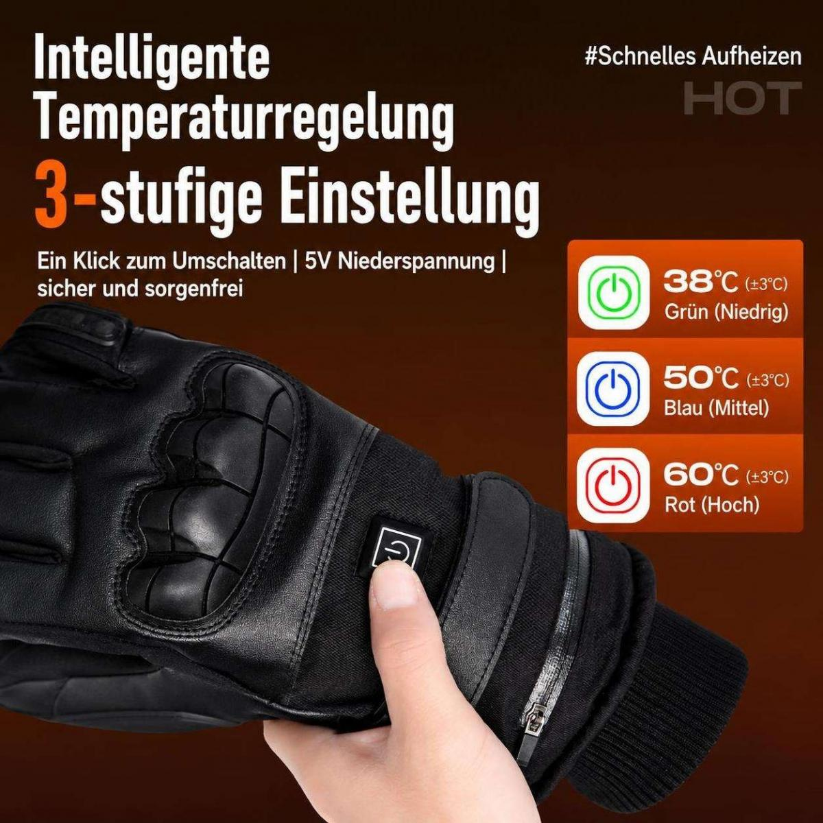 Ein Finger drückt den Ein- Ausschalter an einem schwarzen beheizten Handschuh mit drei Temperaturstufen.