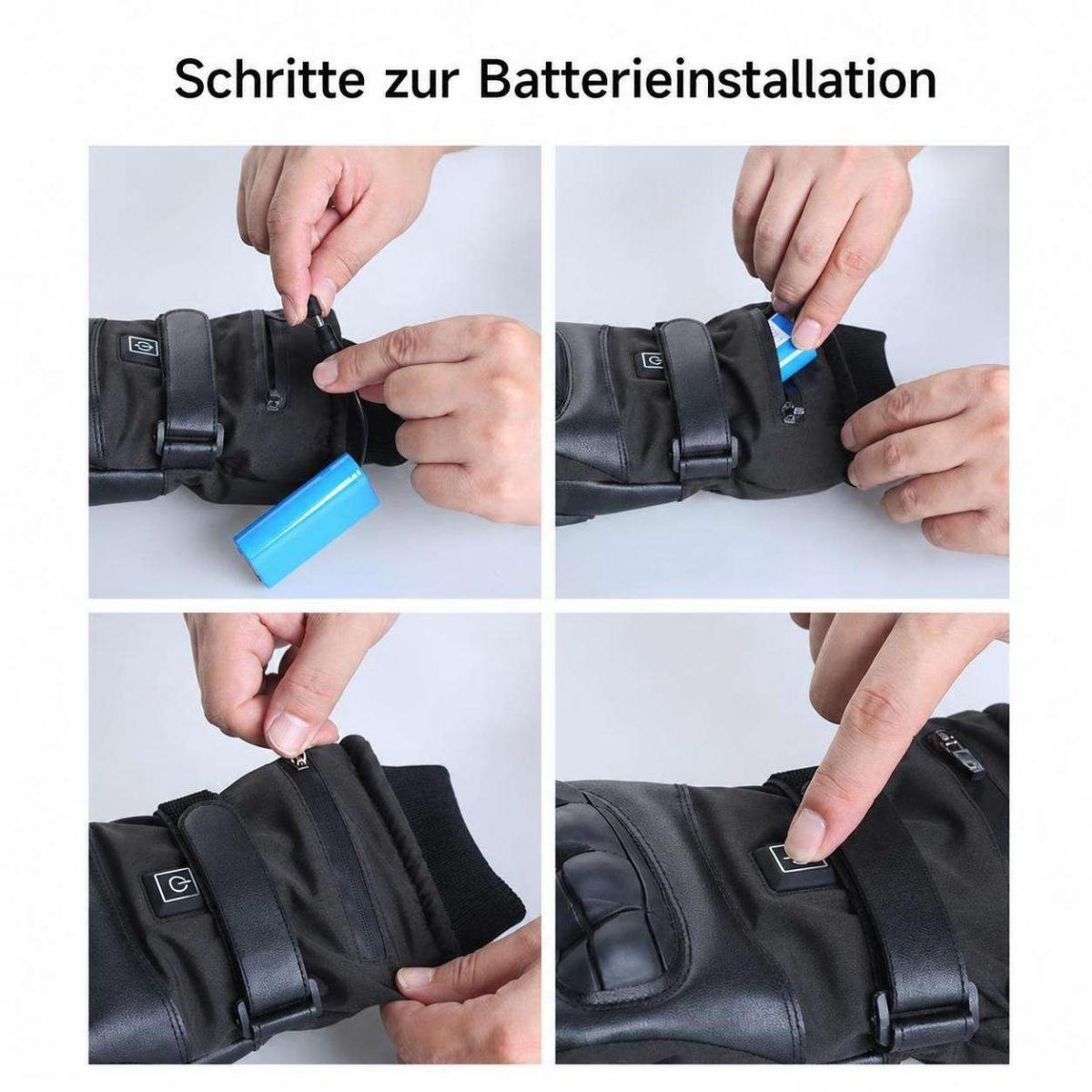 Vier schritte zeigen das einlegen und anschliessen einer blauen batterie in einen schwarzen heizhandschuh.