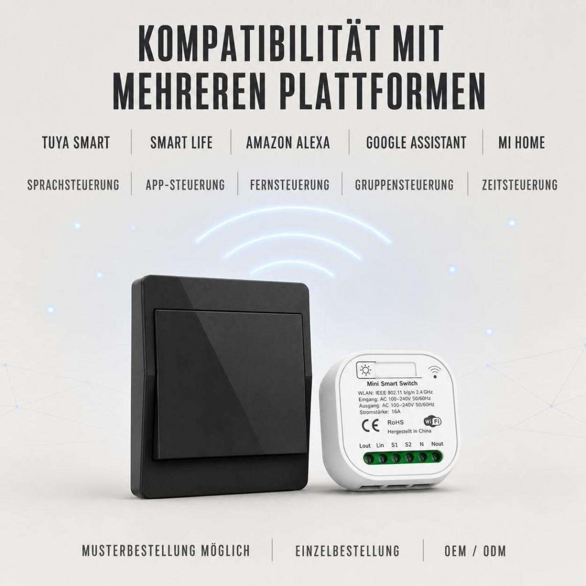 Ein schwarzer Wandschalter und ein runder Mini Smart Switch auf grauem Hintergrund mit Text.