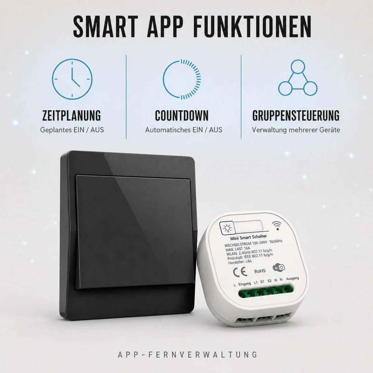 Ein schwarzer Lichtschalter und ein kompakter weißer Mini Smart Schalter vor einem blauen Hintergrund mit Symbolen.
