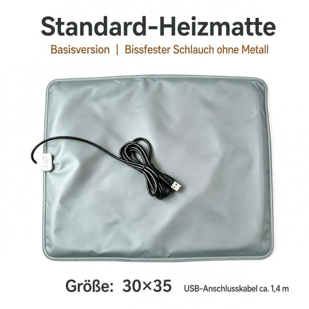 Eine graue Standard-Heizmatte mit einem schwarzen USB-Kabel auf weißem Hintergrund.
