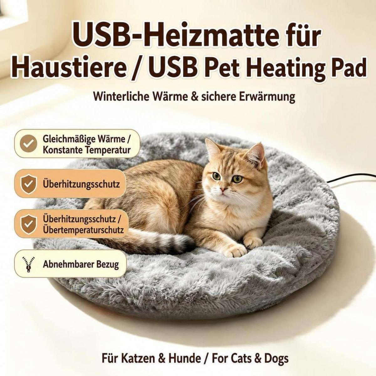 Eine Katze liegt auf einem grauen, runden USB-Heizkissen mit Textfeldern und Funktionen.