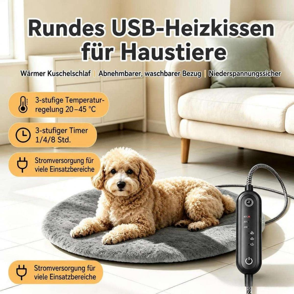 Flauschiger Hund auf rundem grauen USB-Heizkissen mit Regler vor hellem Wohnzimmer.