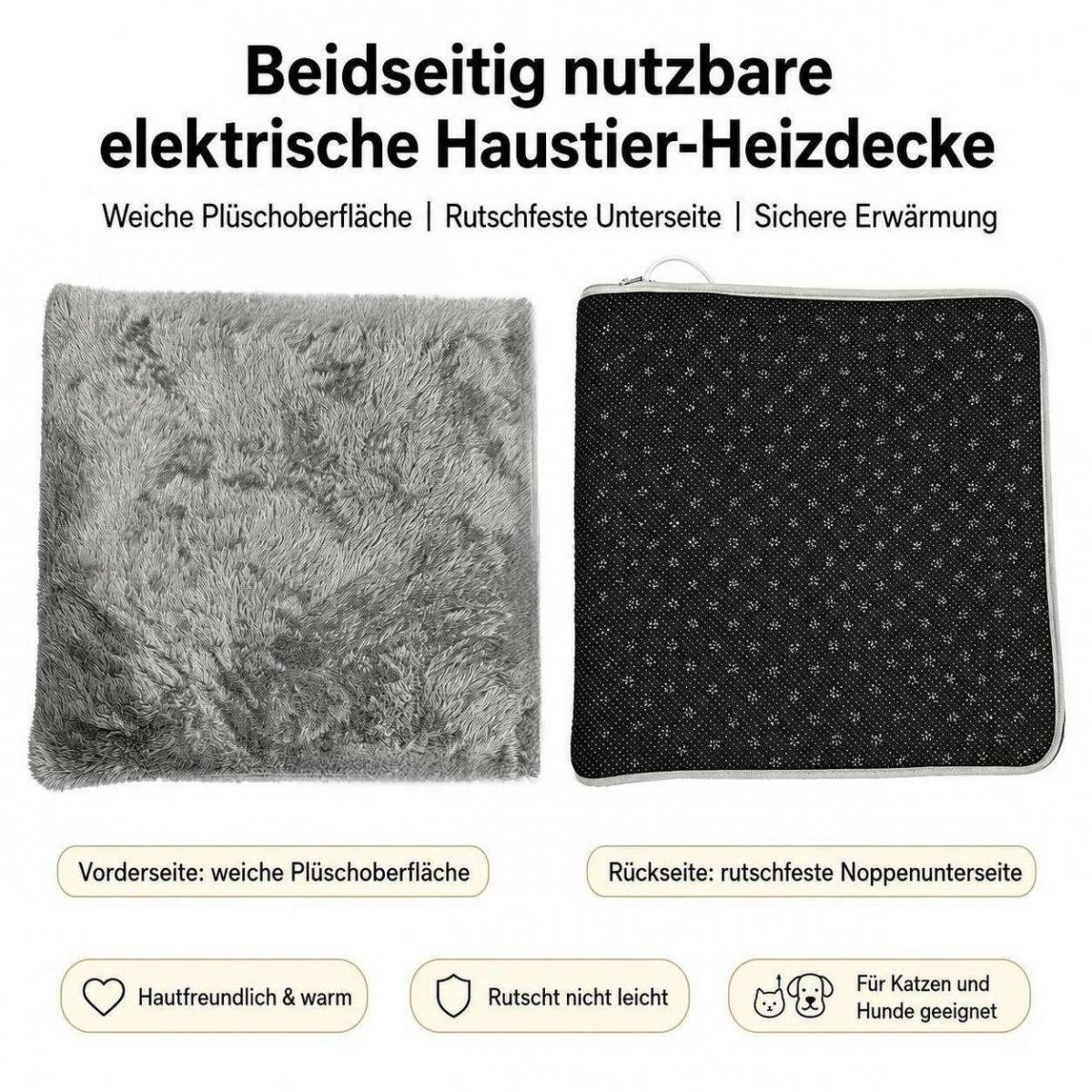 Eine beidseitig nutzbare elektrische Haustier-Heizdecke mit weichem Plüsch und rutschfester Noppenunterseite.