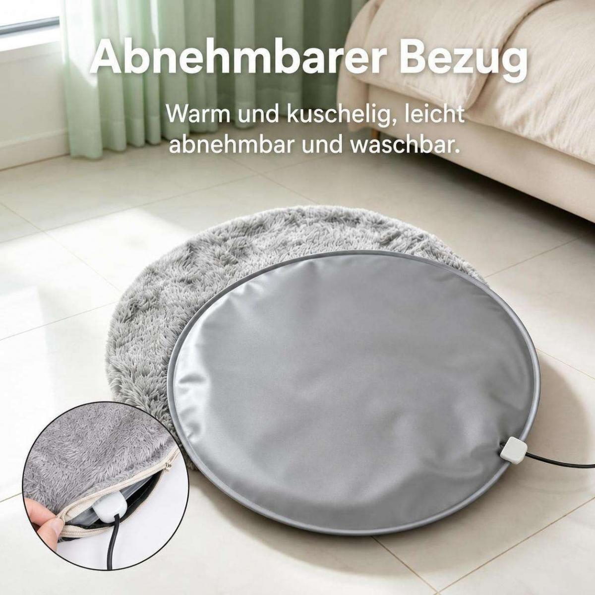Graues runden Haustierbett mit abnehmbarem Bezug, Stromkabel und Einlage.