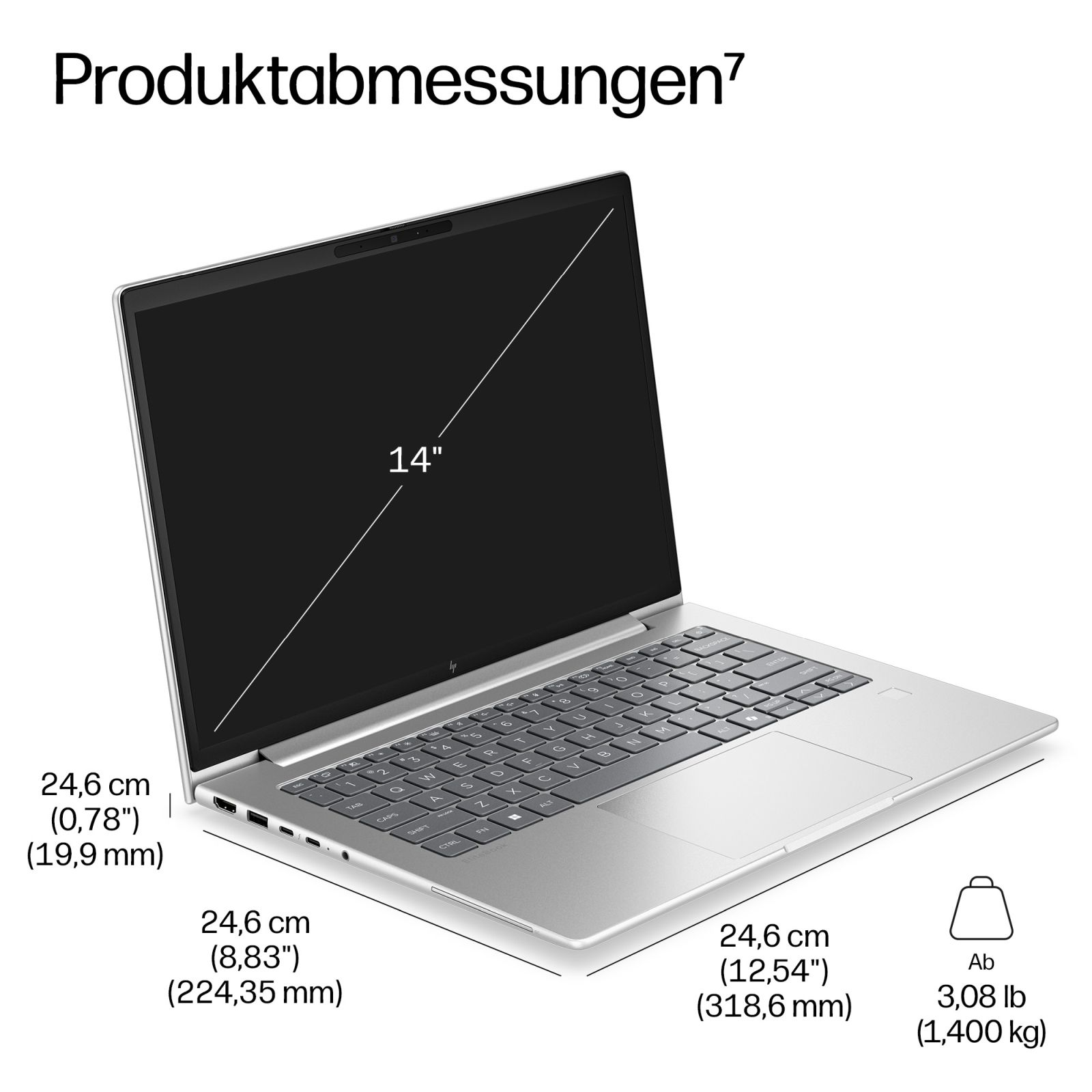 Silberner Laptop mit den Maßen 31,8x22,4 cm, 1,9 cm Dicke und 1,4 kg Gewicht, mit 14-Zoll-Bildschirm.