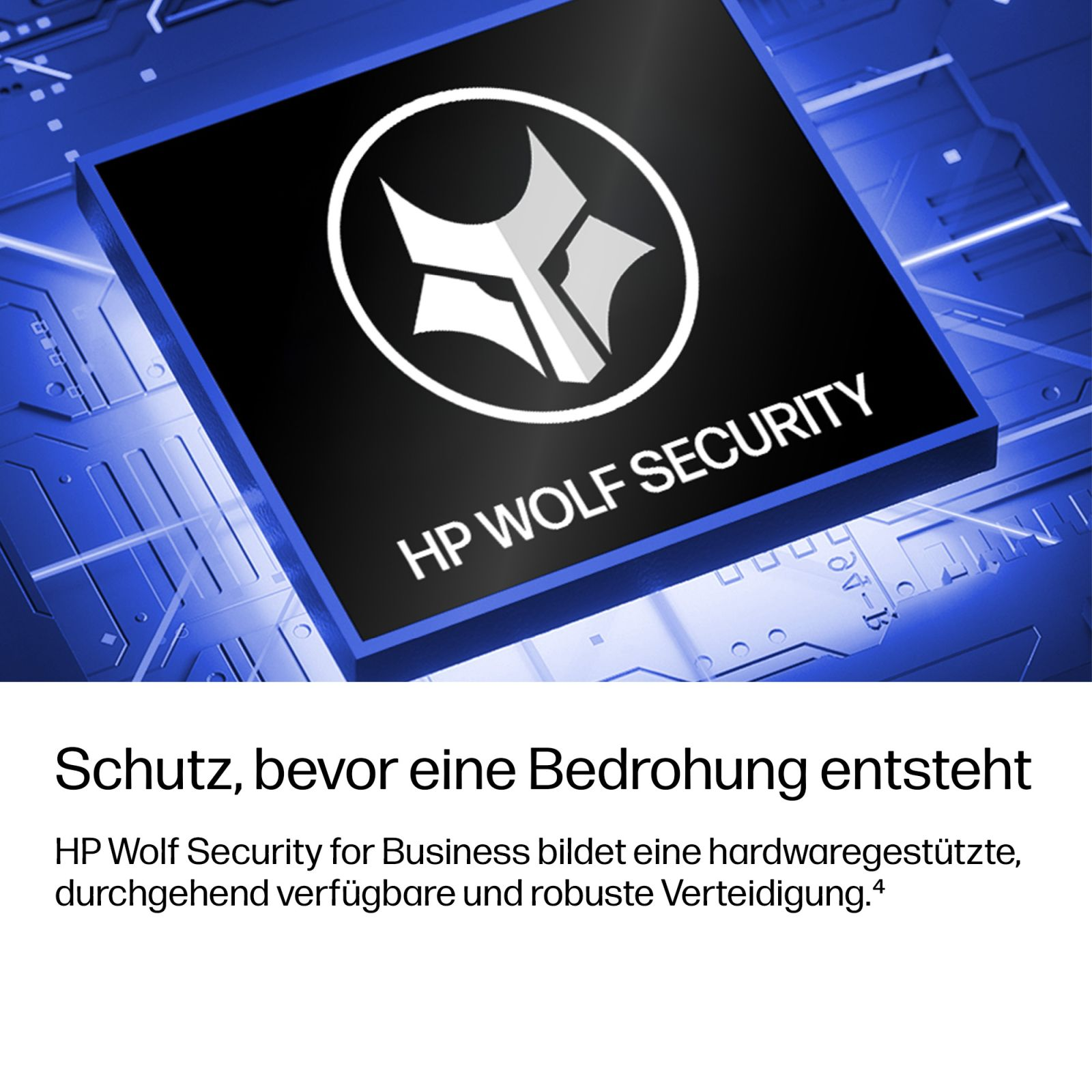 HP Wolf Security Logo auf einem Mikrochip mit Text auf Deutsch.