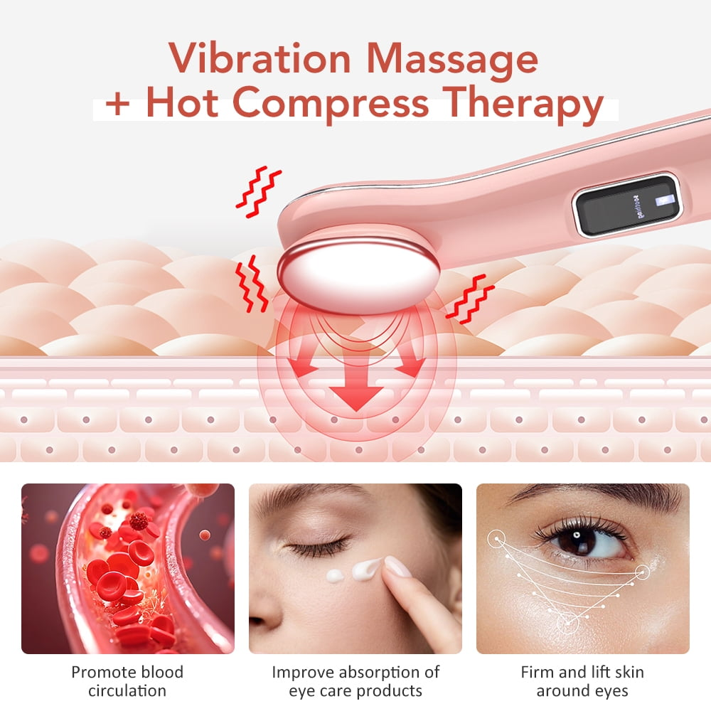 Rosa Anti-Aging-Gerät für Augenpflege mit Vibration und Wärmetherapie und drei Insets.