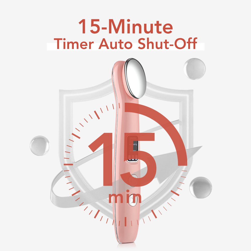 Ein rosafarbenes Hautpflegegerät mit silbernem Kopf steht vor einer 15-Minuten-Timer-Grafik und einem Schildsymbol.