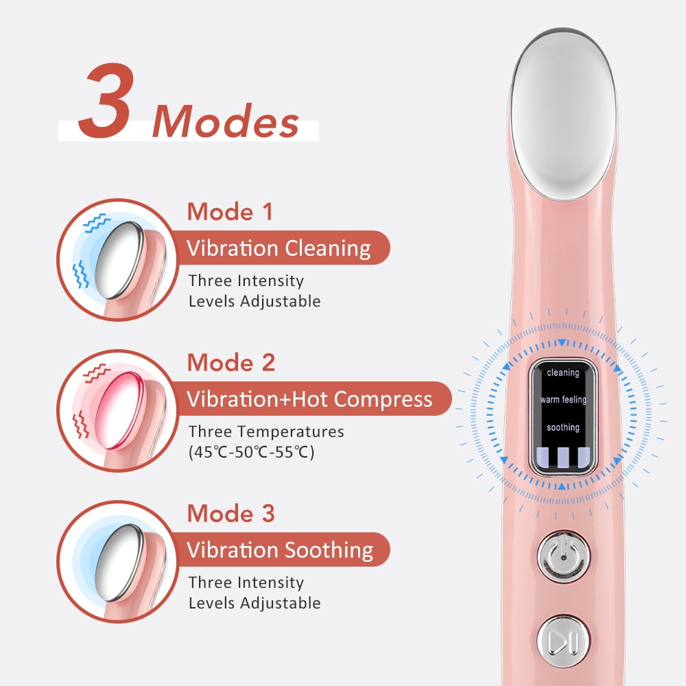 Rosa Gesichtsreinigungsgerät mit drei Modi für Vibration und Wärme.