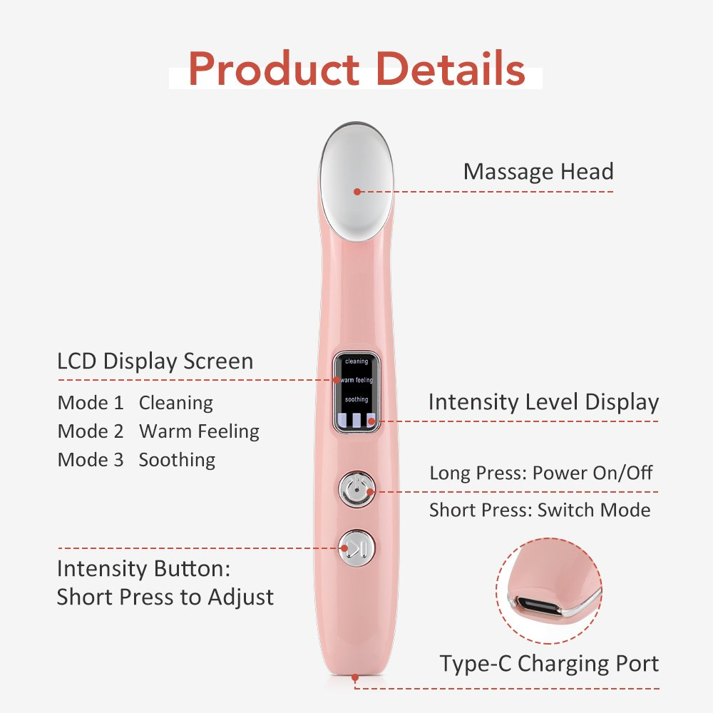 Produktdetails für ein rosa Gesichts massages gerät mit Display und Tasten.