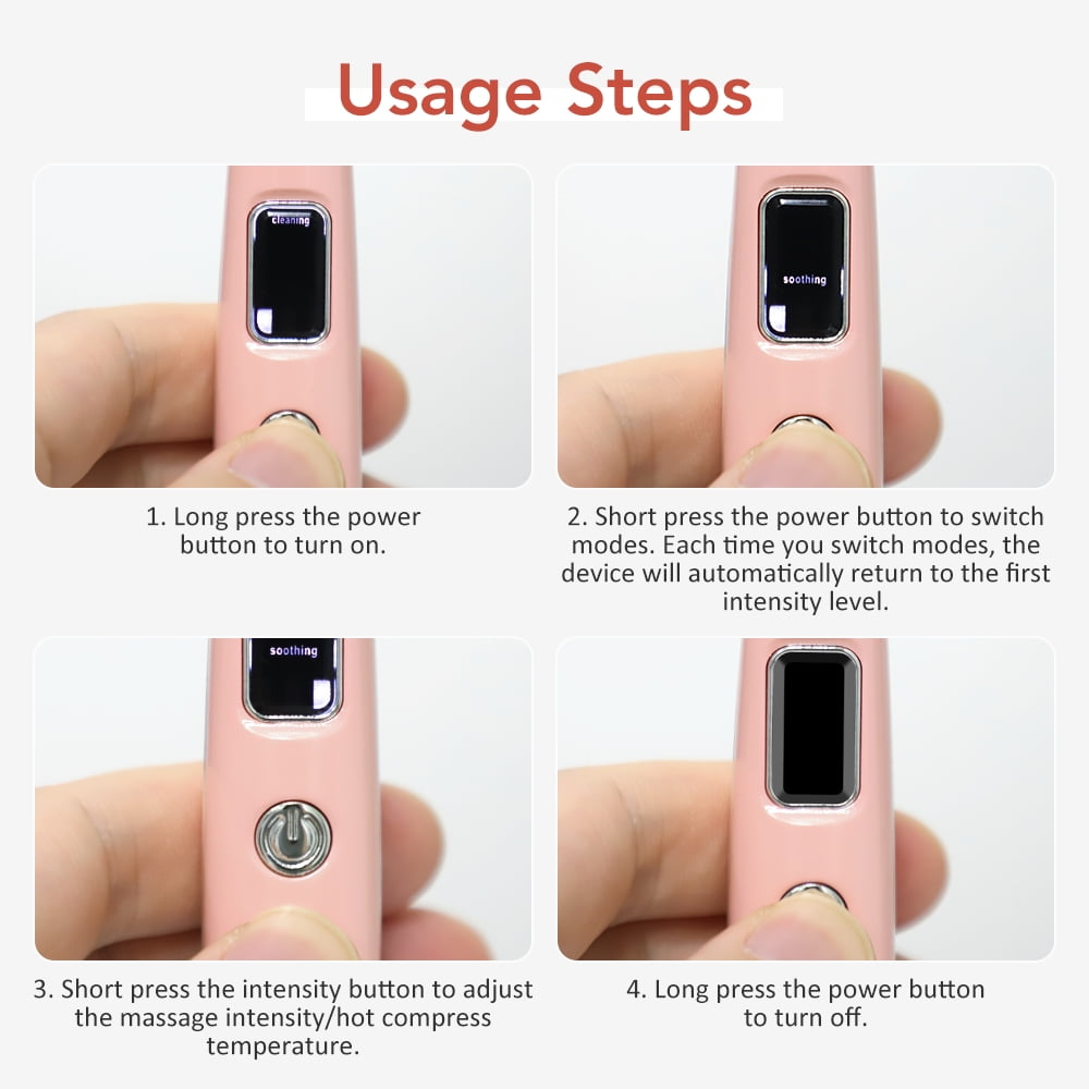 Vierteilige Anleitung zur Verwendung eines rosa Geräts mit Tasten und Display.