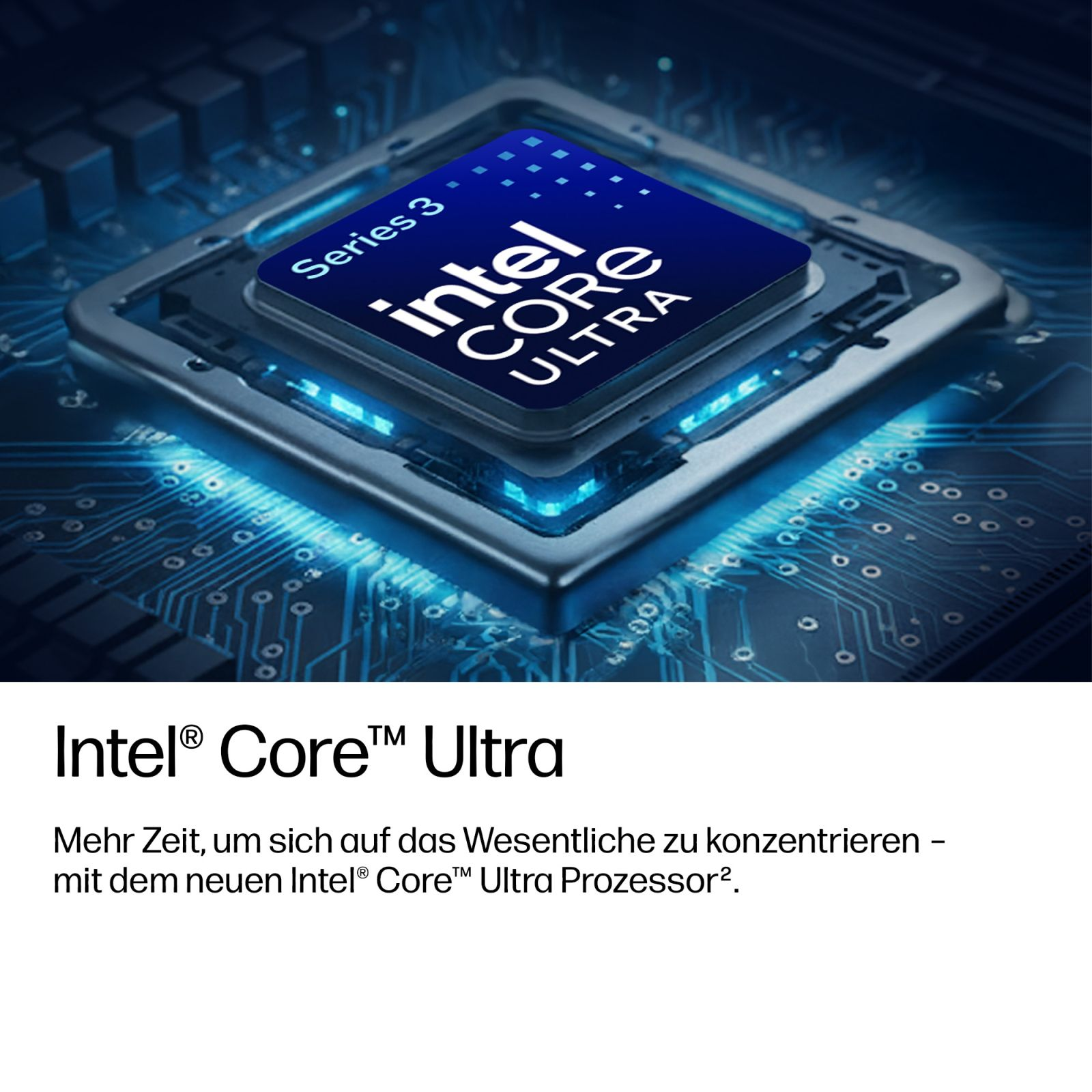 Ein blauer Intel Core Ultra Series 3 Prozessor sitzt auf einer Mainboard-Platine mit blauer Beleuchtung.